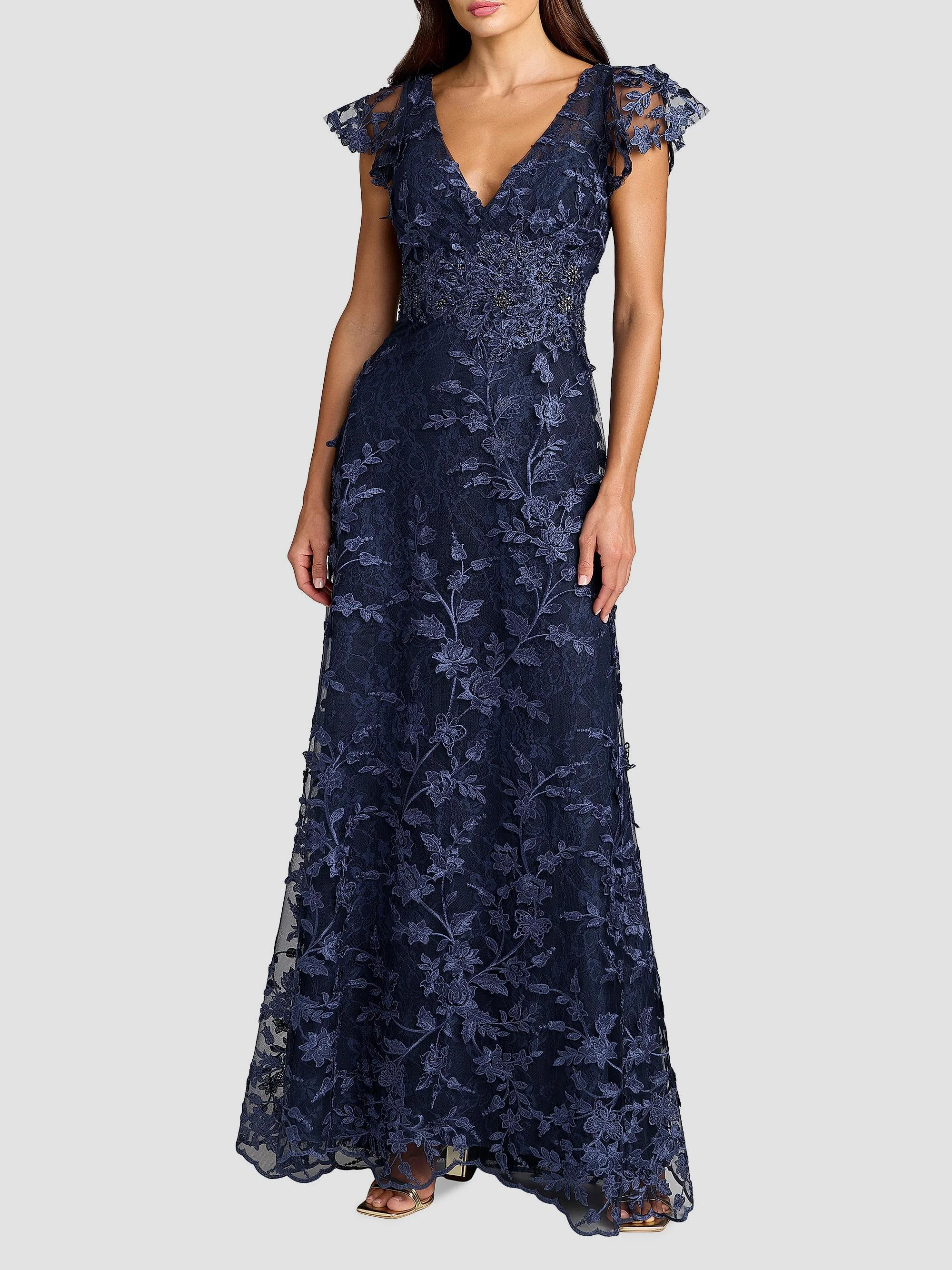 Women's Floral Appliqué Tulle Gown - Midnight - 1