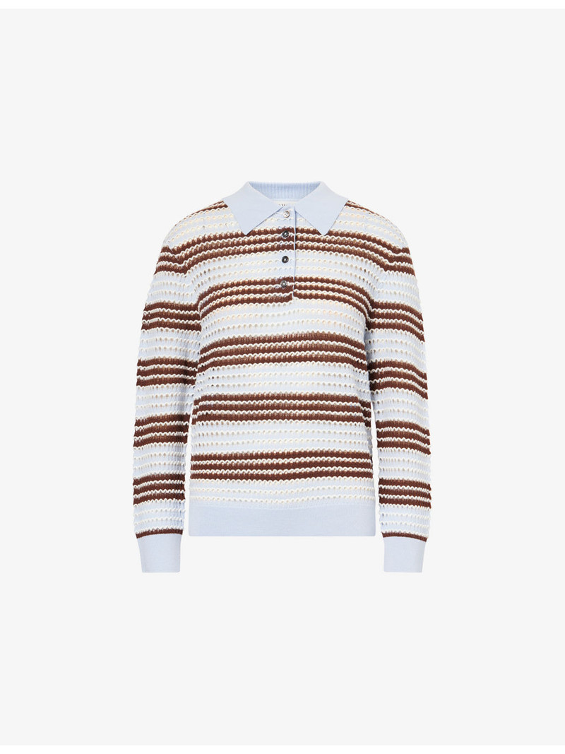 Ryan Striped Crochet-Knit Wool Polo Top 1