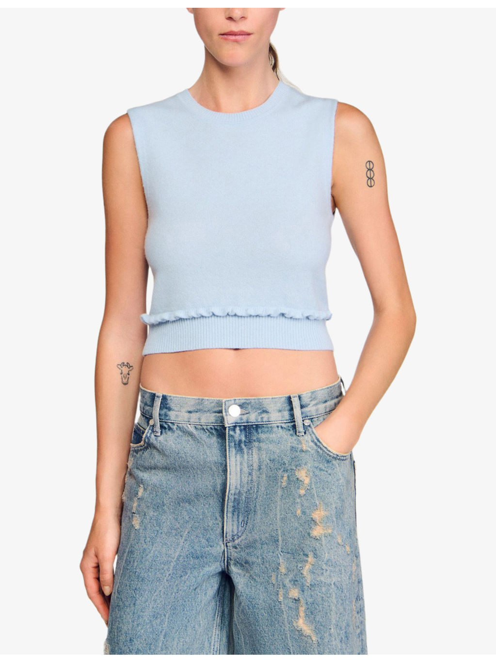Ruffled-trim sleeveless wool and cashmere-blend jumper - 3