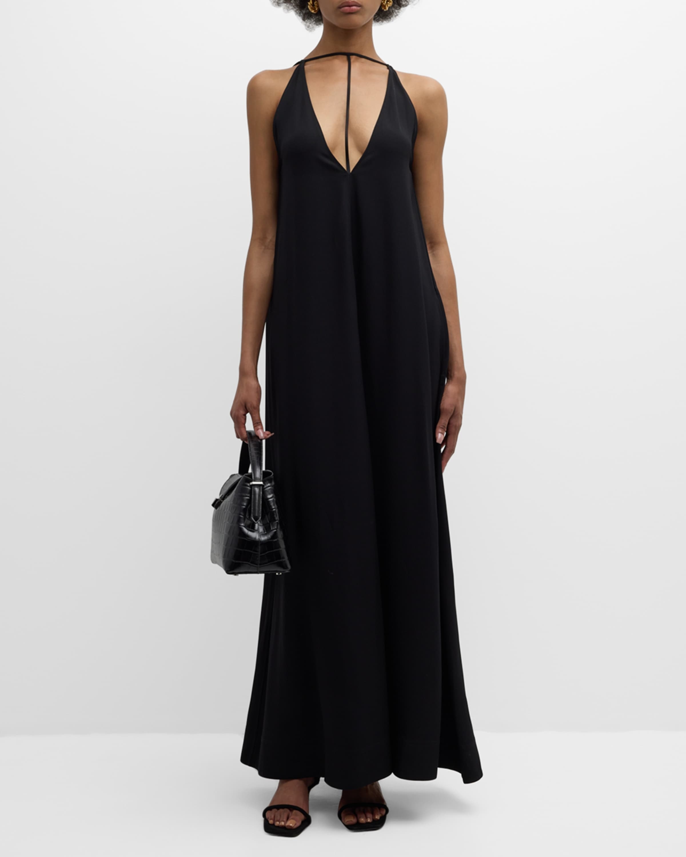 T-Strap Plunging Satin-Back Crepe Maxi Dress - 2