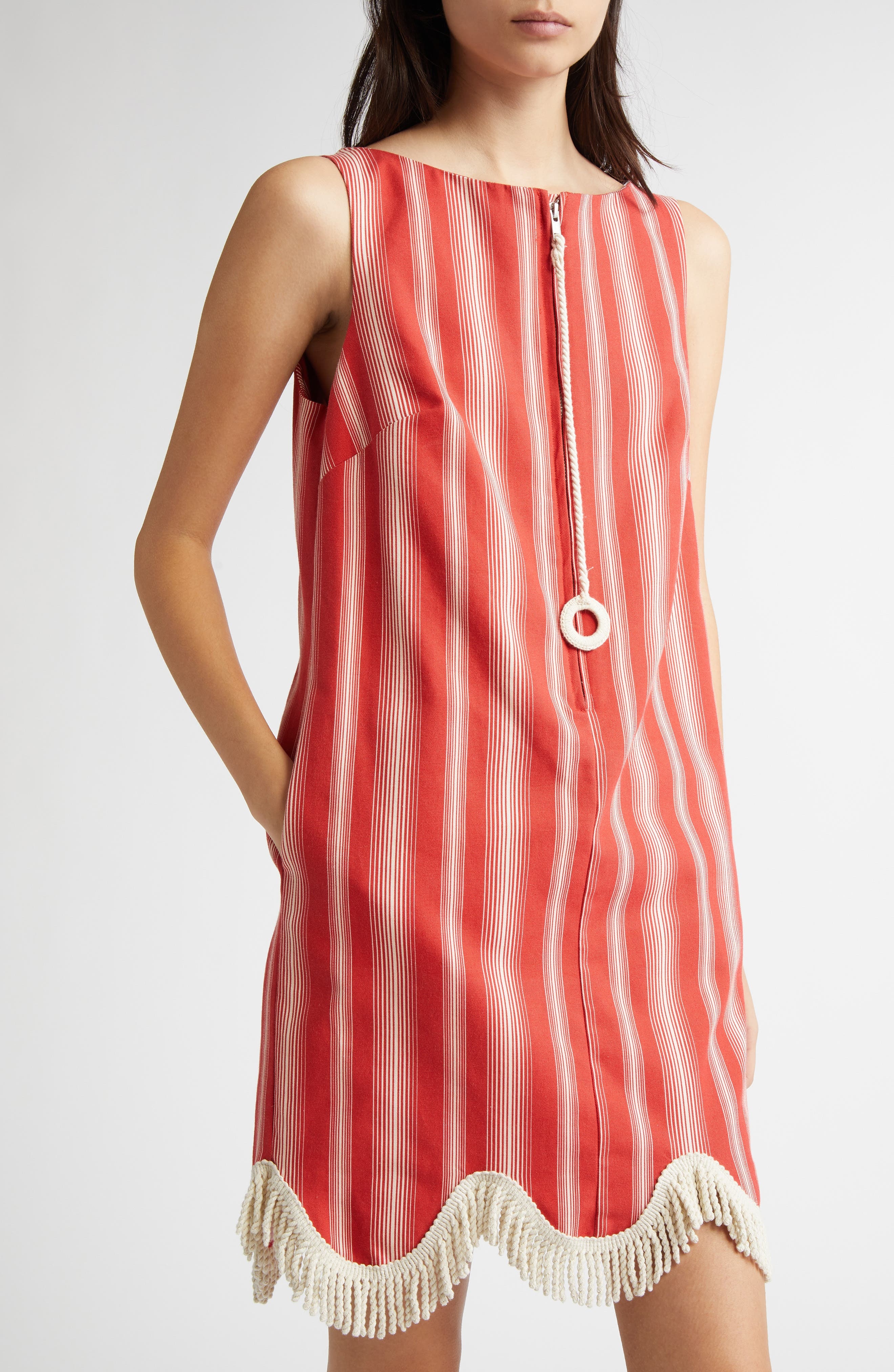 Bode Parasol Stripe Cotton Shift Dress in Red/White at Nordstrom - 4