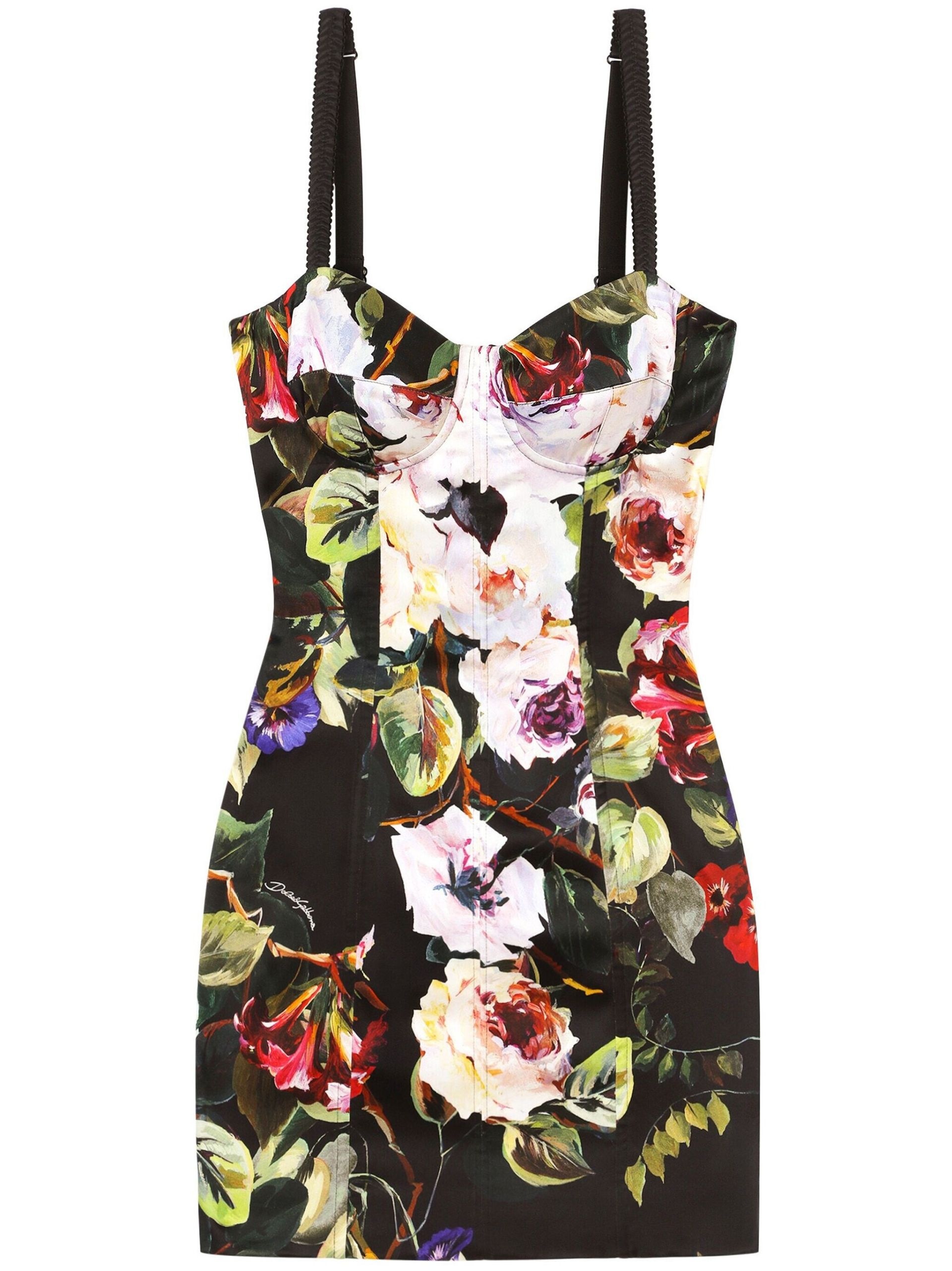 Black Garden Print Corset Mini Dress - 1