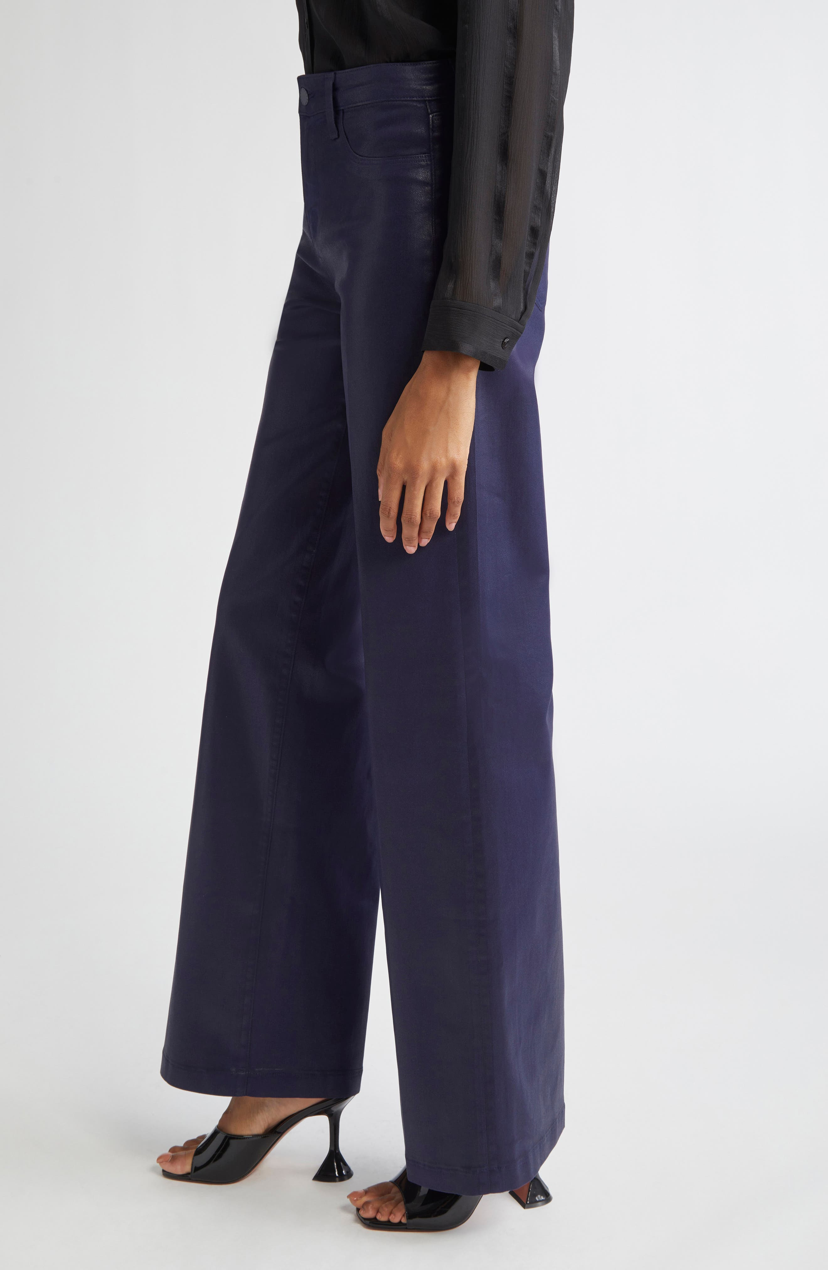 L'AGENCE Clayton High Waist Wide Leg Pants in Deep Midnight Coated at Nordstrom - 4