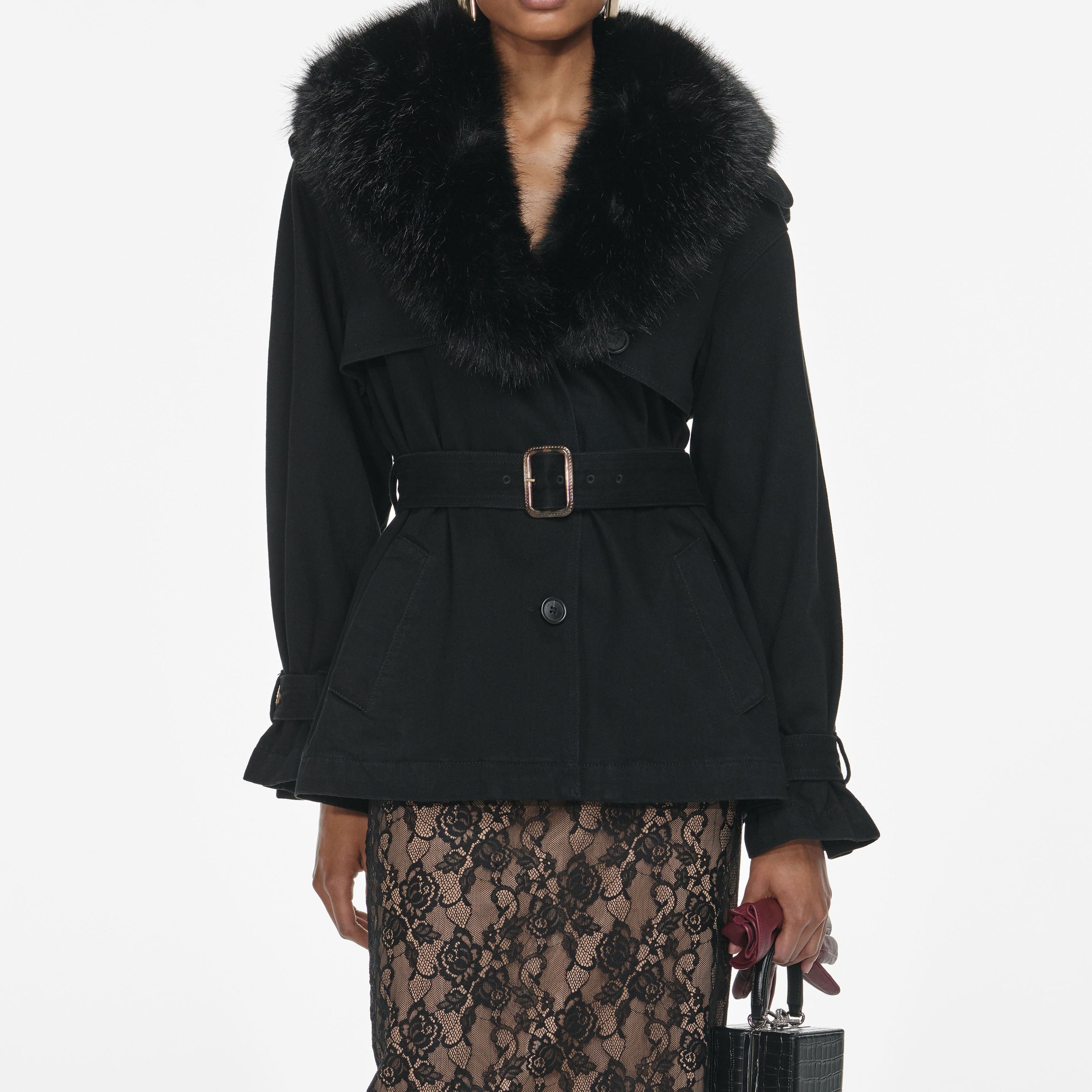 Black Denim Fur Collar Jacket - 4