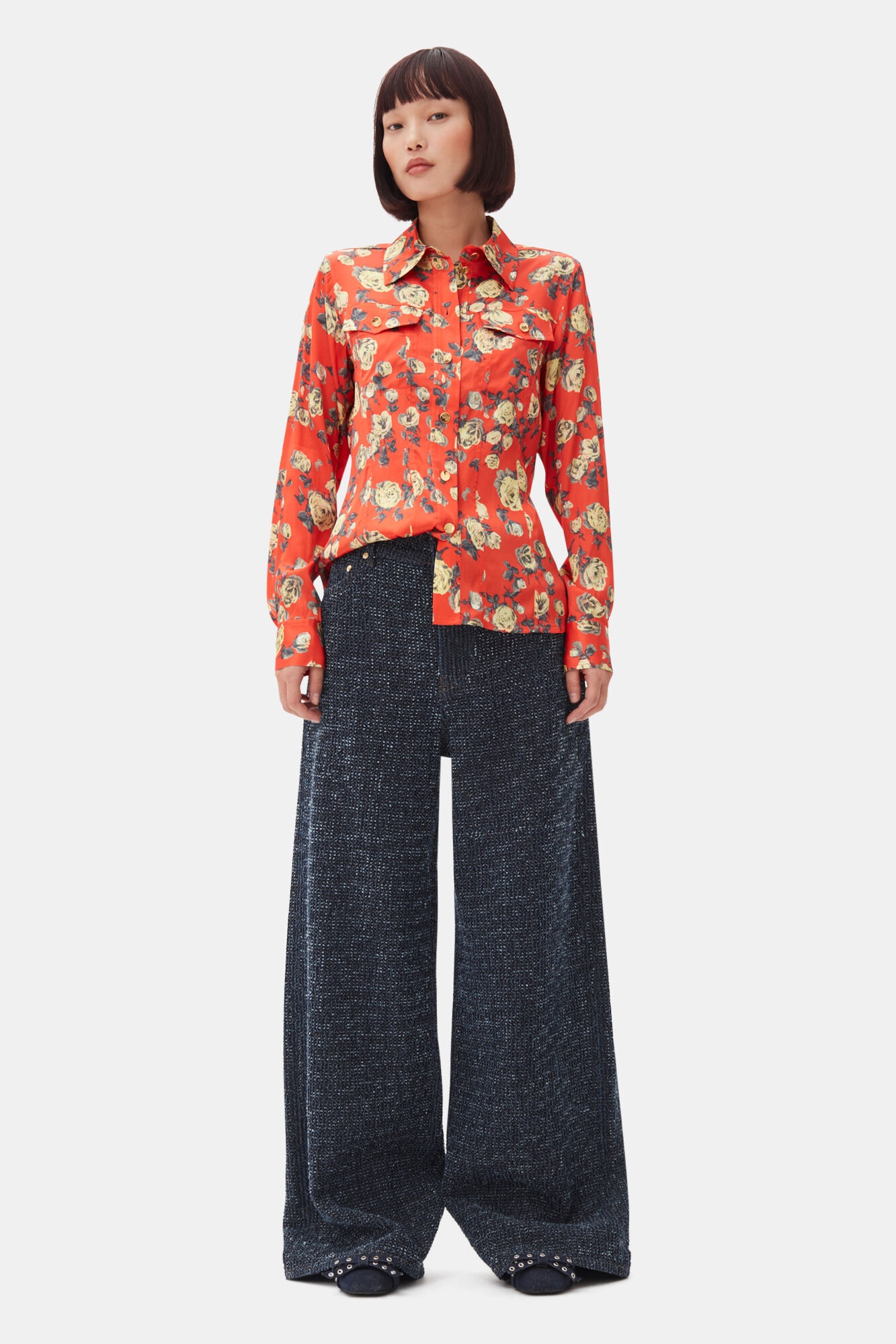 ORANGE FLORAL PRINTED SATIN SHIRT - 3