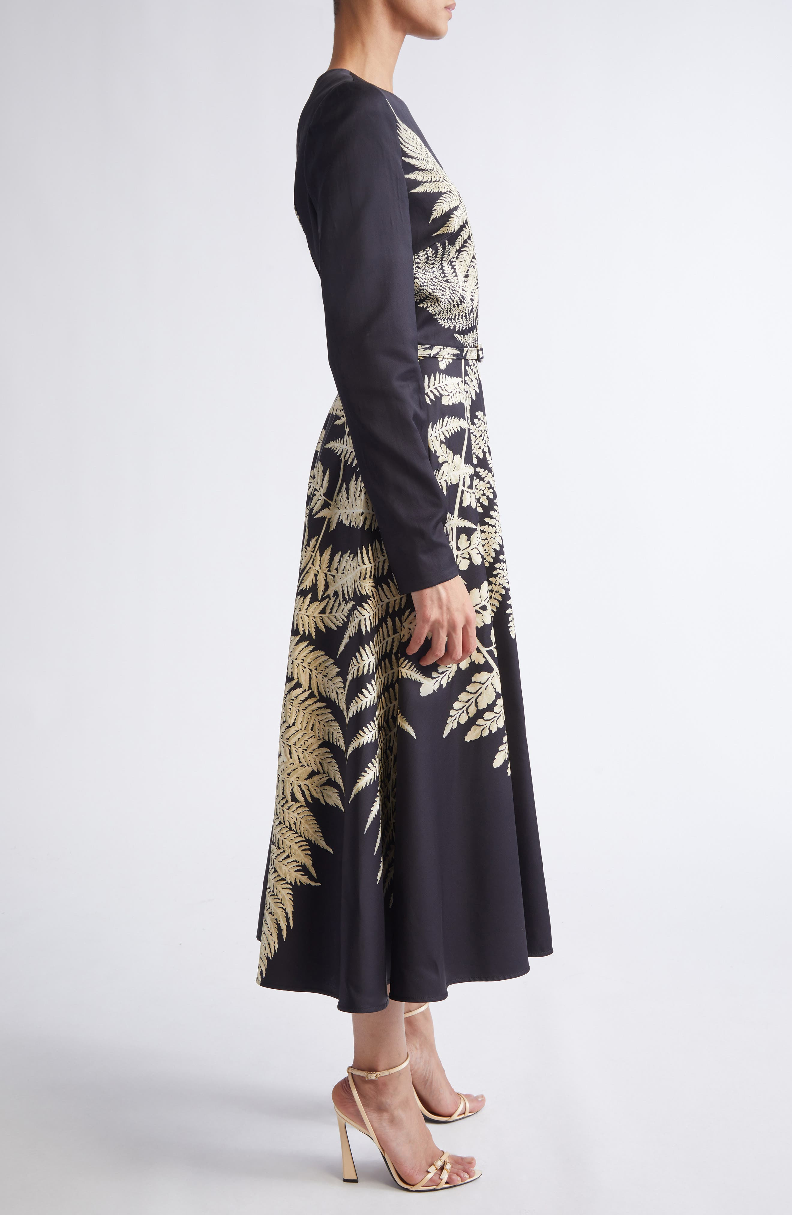 Oscar de la Renta Fern Print Belted Long Sleeve Cocktail Dress in Black/Ecru at Nordstrom - 3
