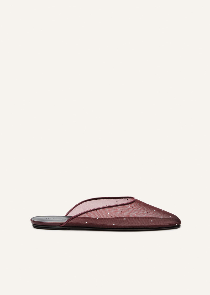 Crystal mesh flat mules in burgundy - 1