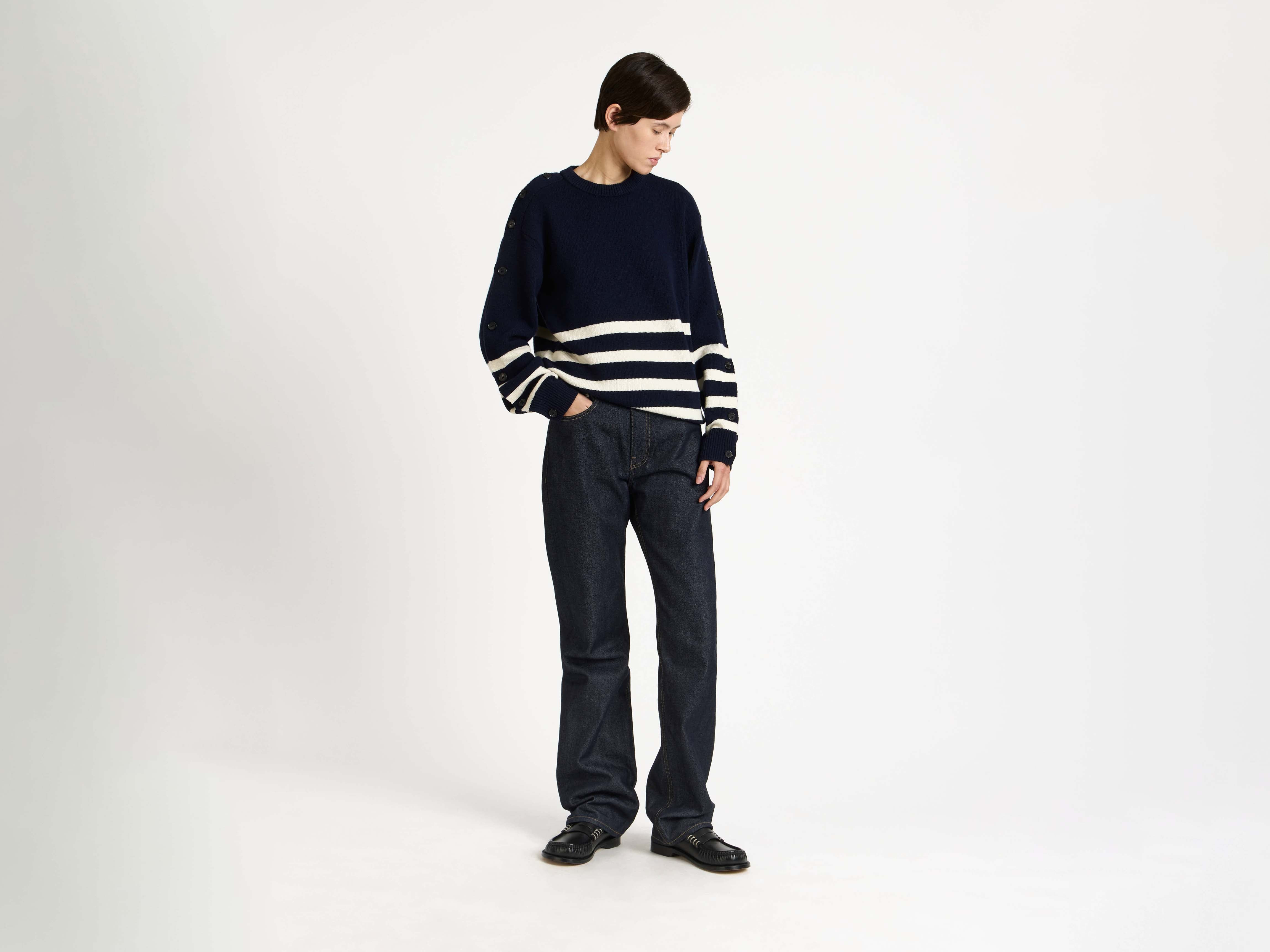 BUTTONED SLEEVE BRETON JUMPER IN NAVY - 2