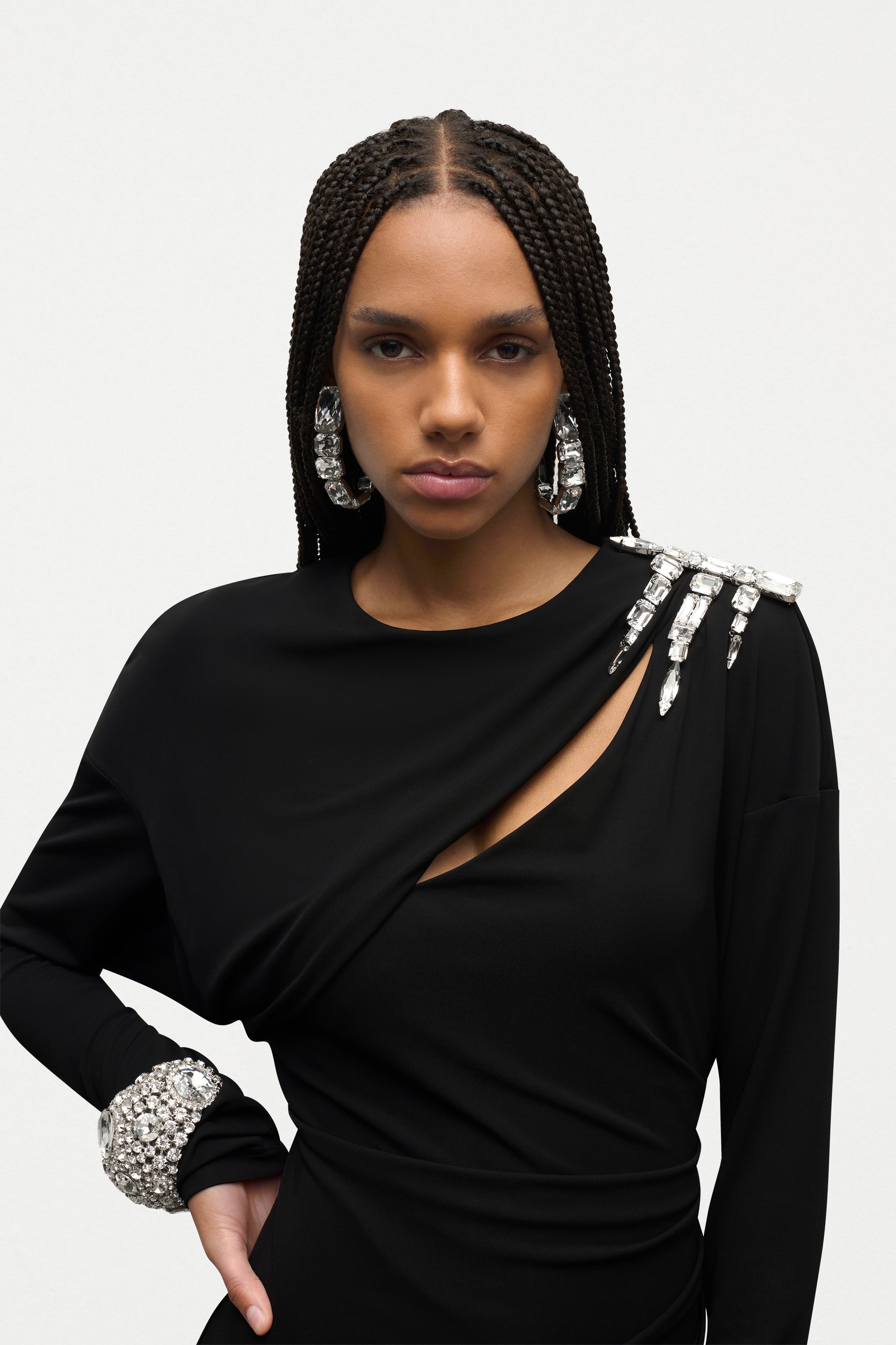 CRYSTAL CLUSTER DRAPED LONG SLEEVE MINI DRESS - 5