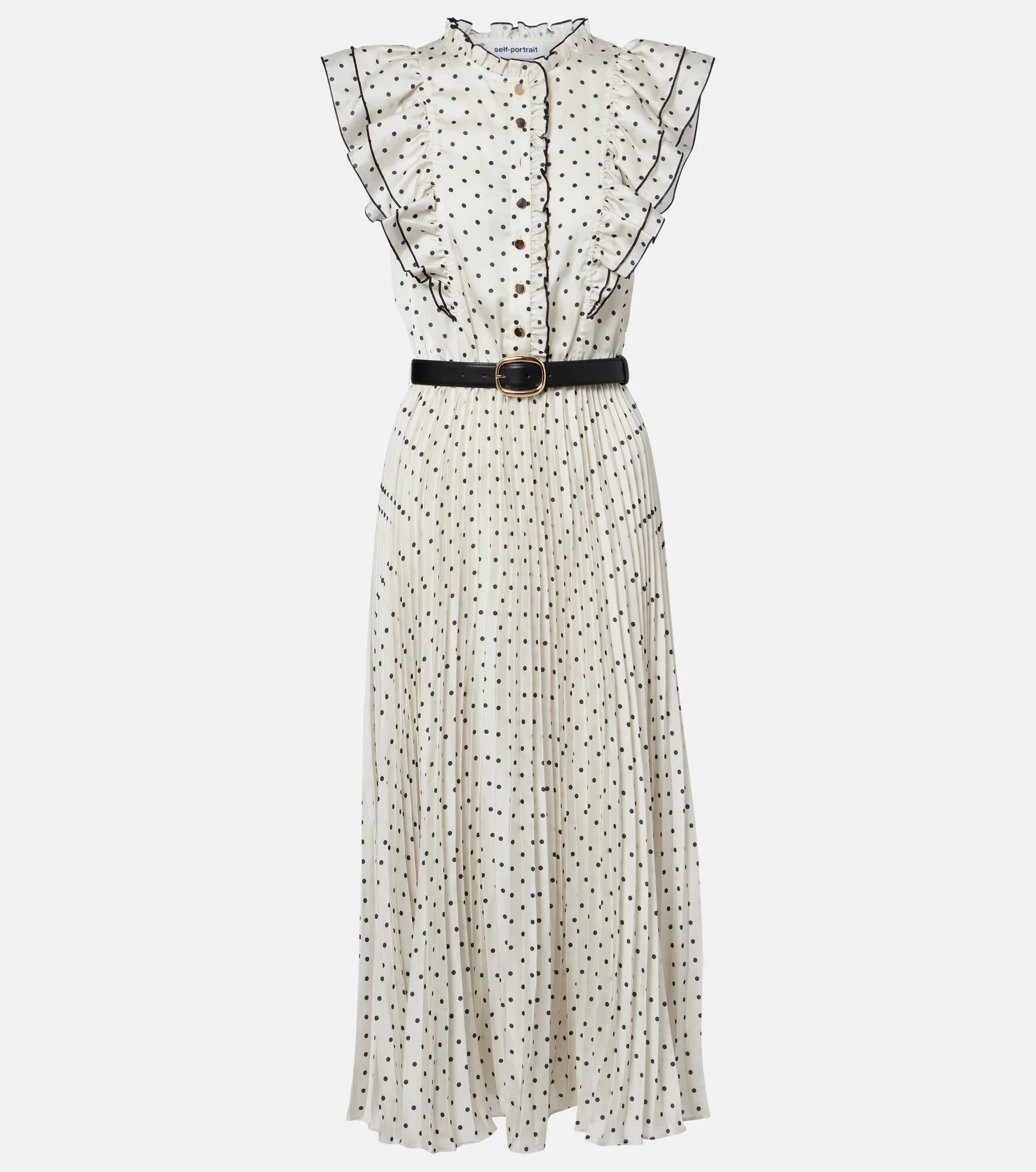 Belted polka-dot pleated midi dress - 1