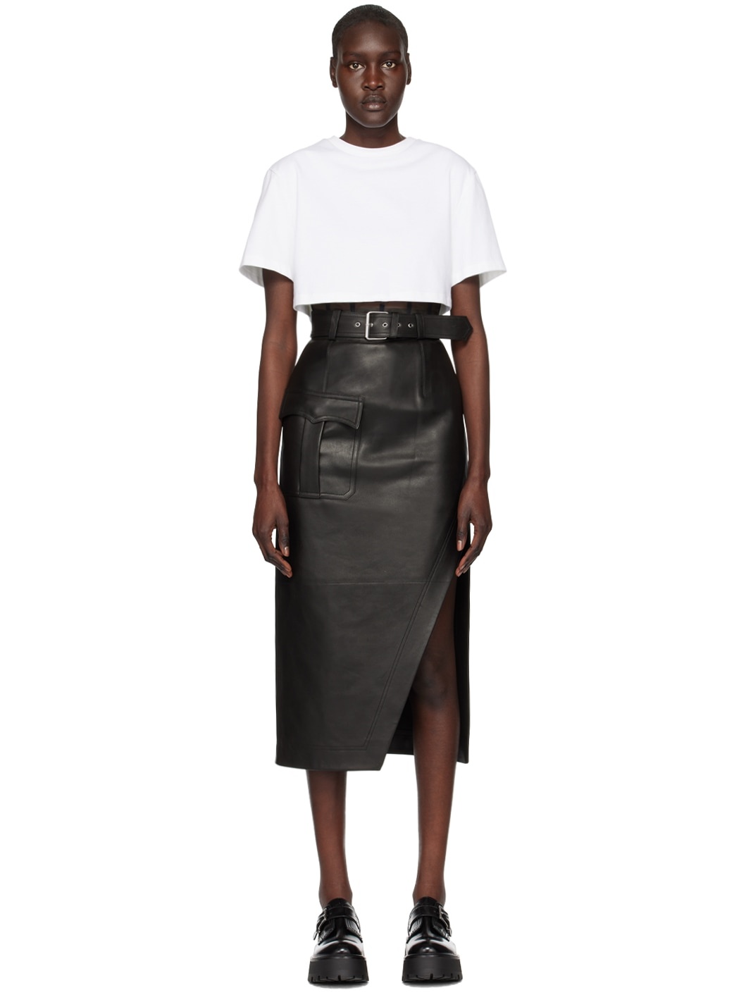 Black Slashed Leather Midi Skirt - 1