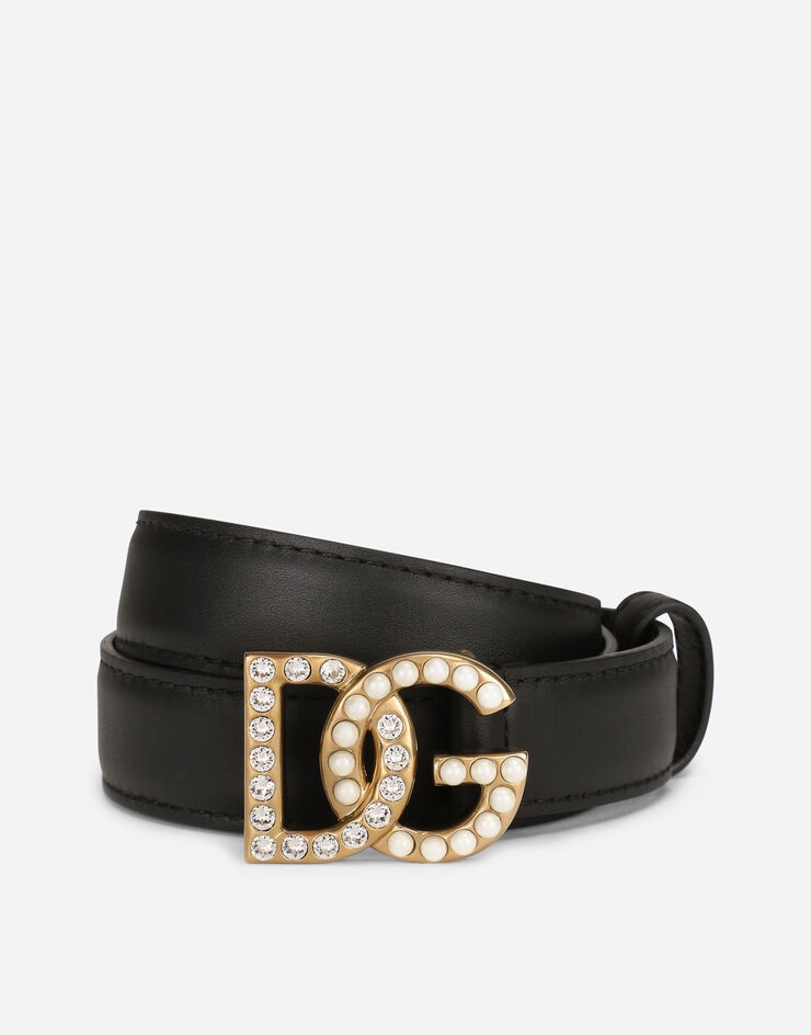 Calfskin belt with DG logo with rhinestones and pearls - 1