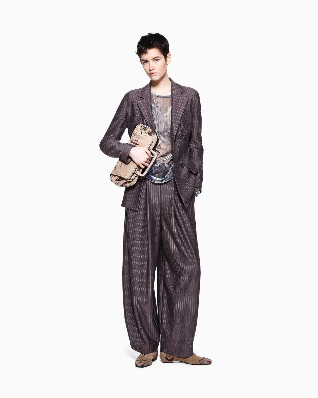 WIDE TROUSERS IN PINSTRIPED CASHMERE JERSEY AND SILK - 2