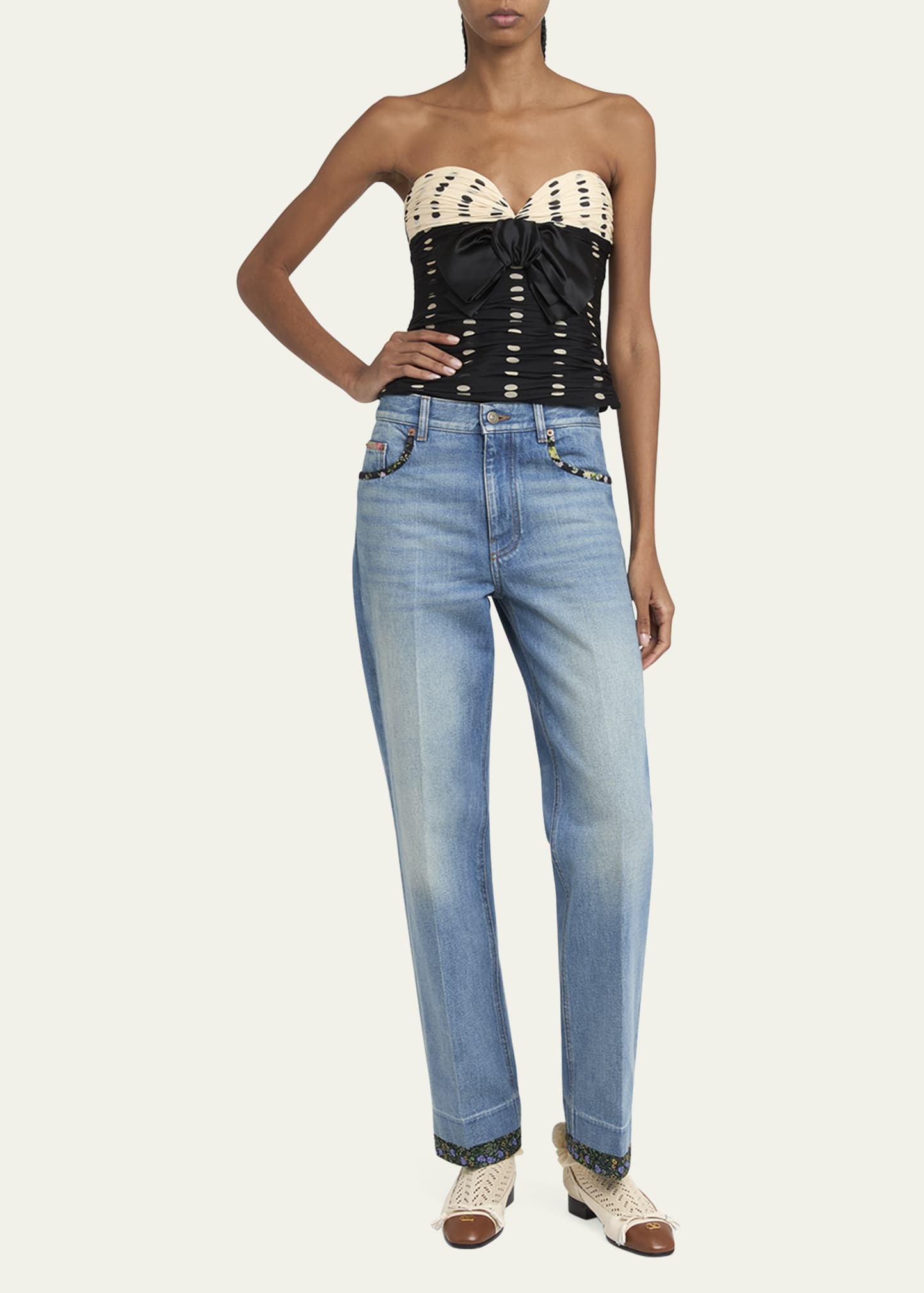 Floral-Print Trim Straight-Leg Denim Jeans - 2