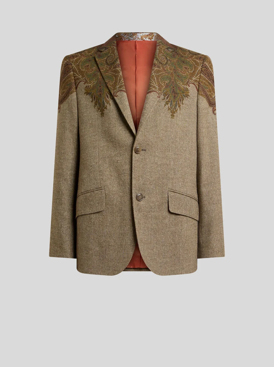 SINGLE-BREASTED WOOL-BLEND JACKET WITH PLACED PAISLEY POCHETTE PRINT - 1