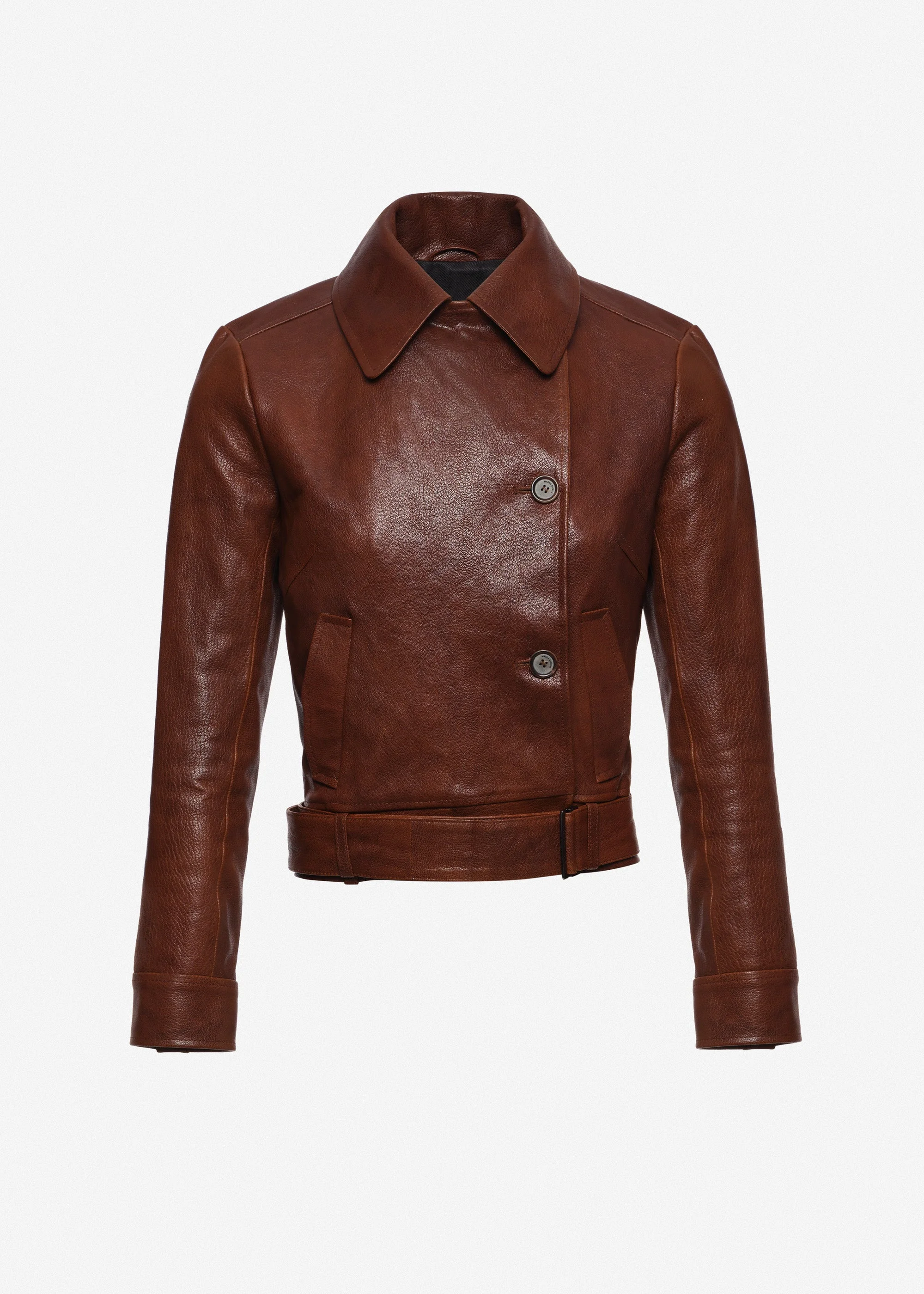 Fitted leather jacket with waist belt in brown - 1