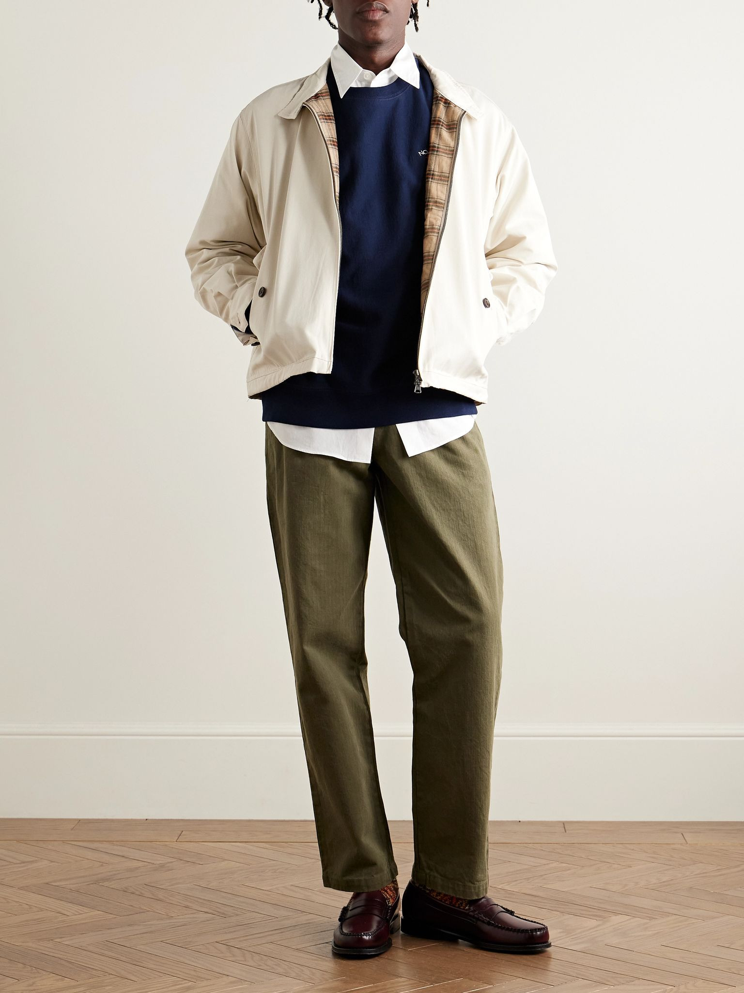 Straight-Leg Pleated Herringbone Cotton Trousers Green - 2