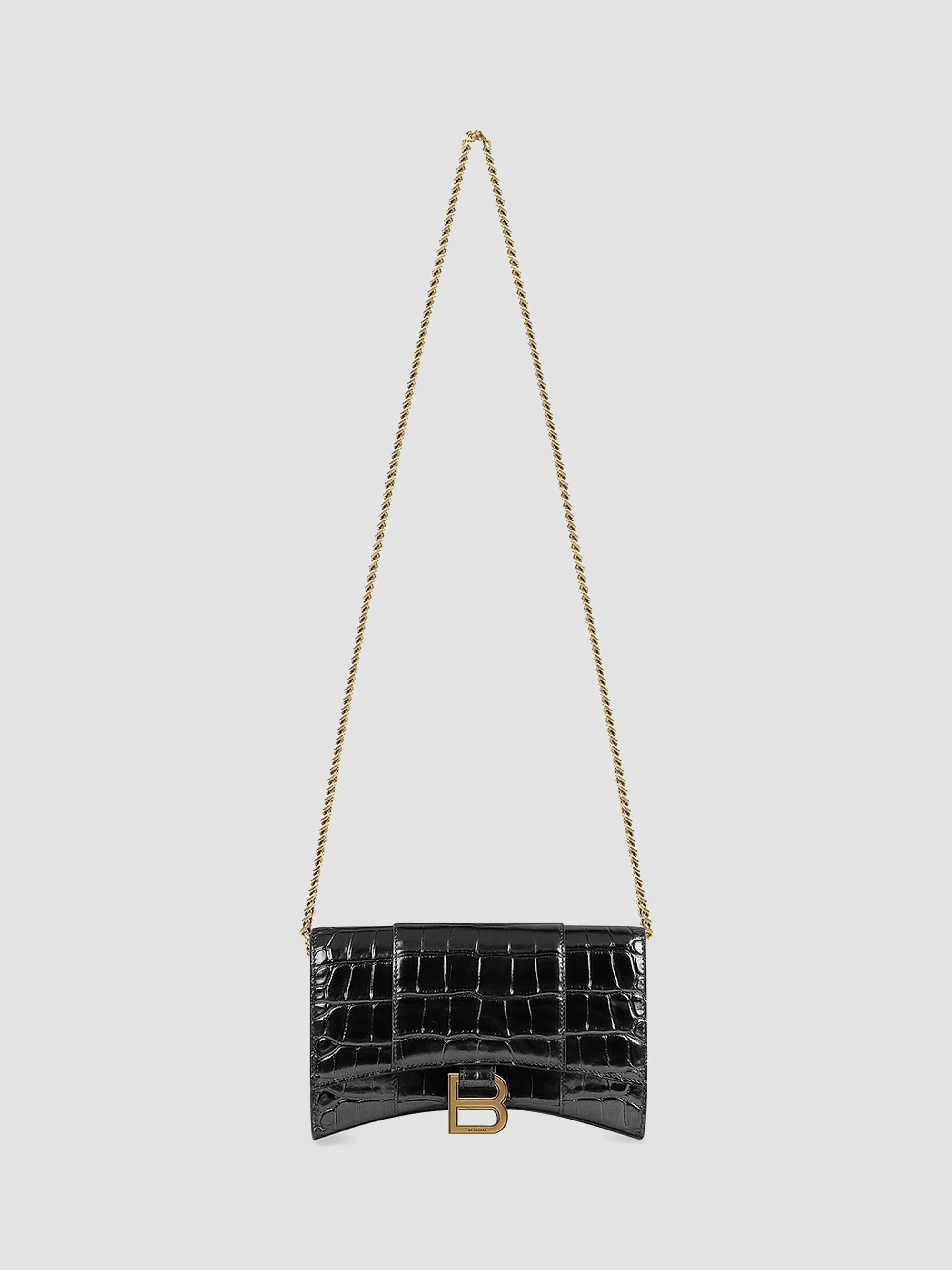 Women's Hourglass Wallet with Chain Crocodile Embossed - Black - 1