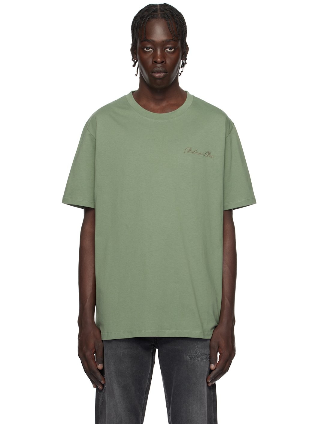 Green Loose 'Balmain' Signature Embroidery T-shirt - 1