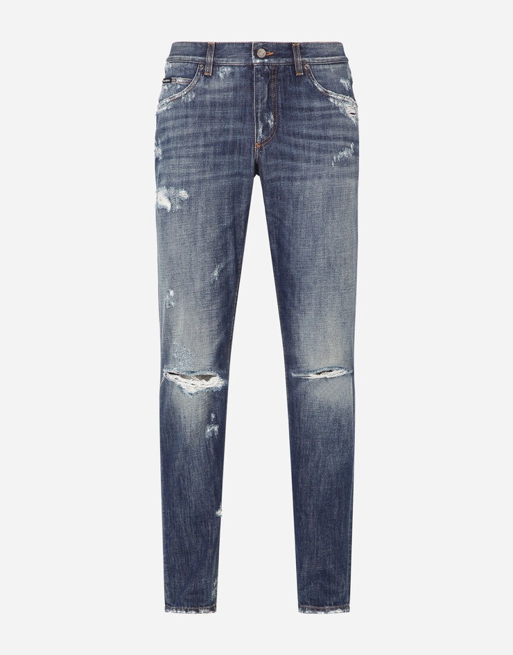 Washed blue regular-fit jeans with rips - 3