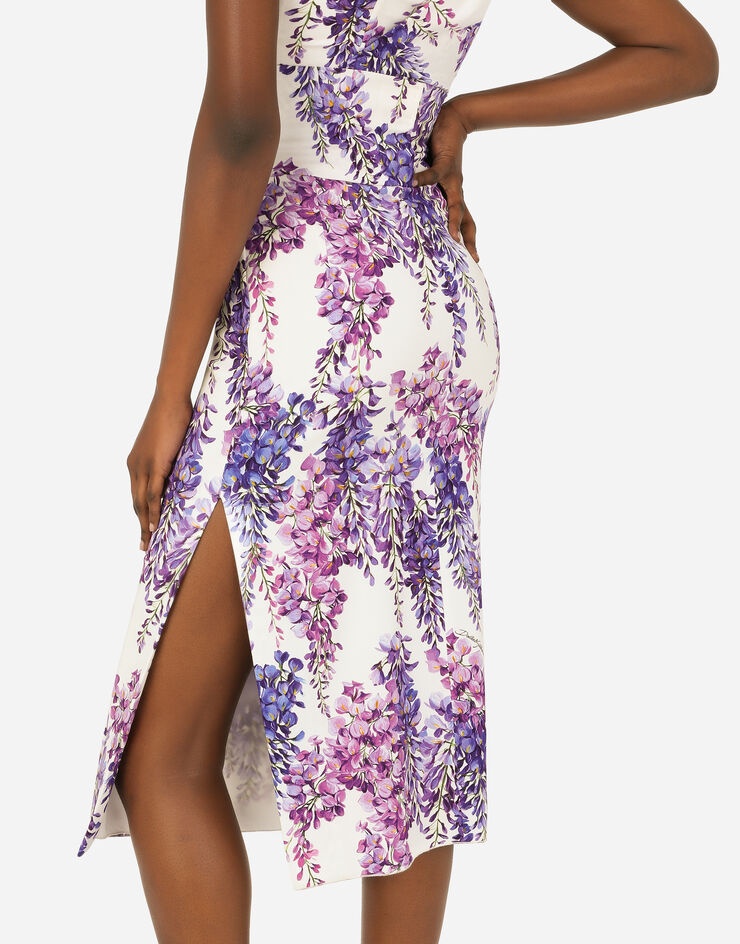 Wisteria-print one-shoulder calf-length cady dress - 5