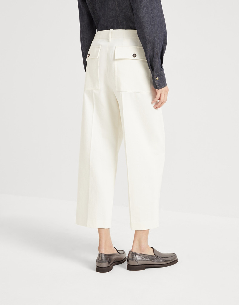 Brunello Cucinelli Dyed cotton and wool wrinkled denim pleated chino trousers outlook
