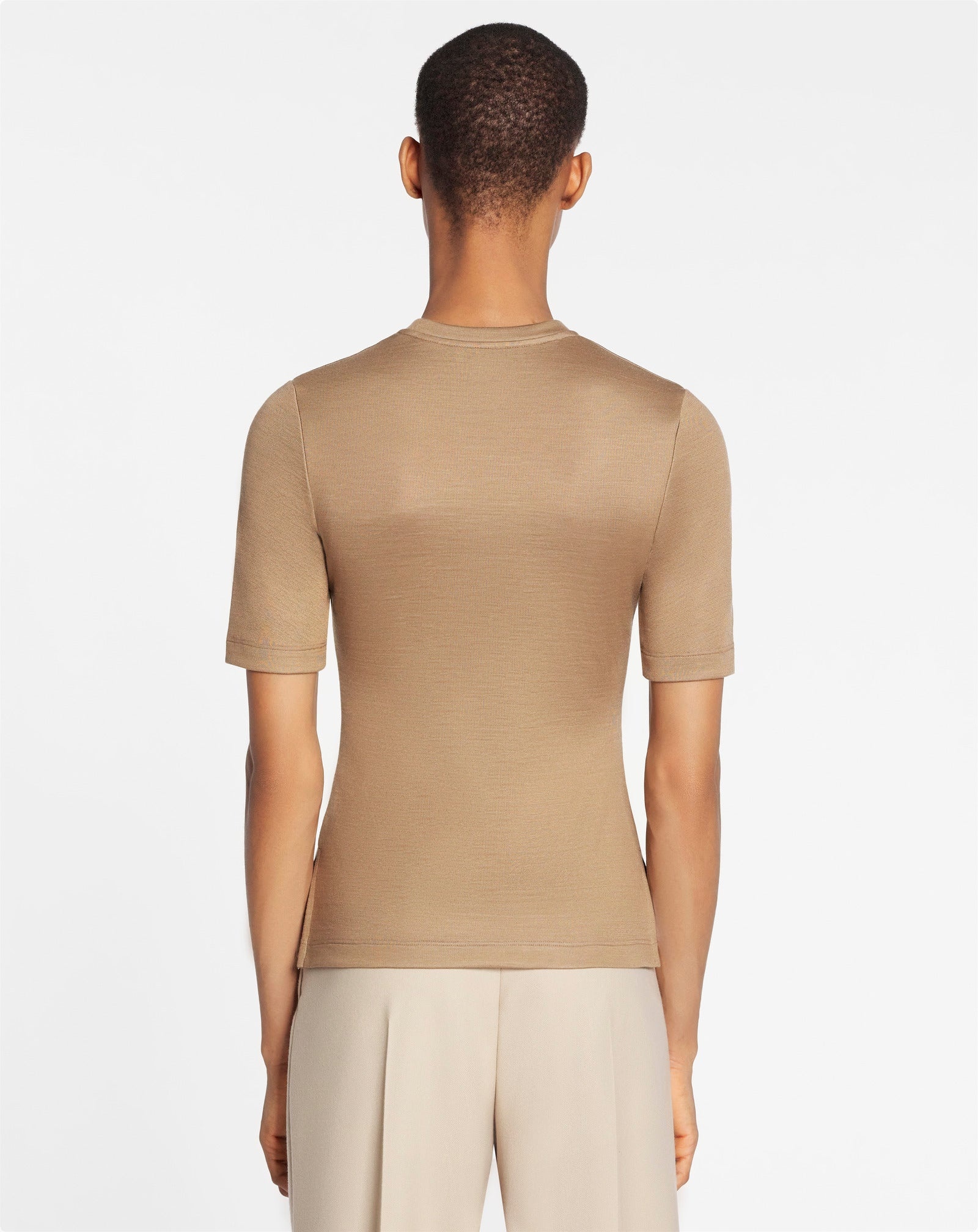 FITTED OPEN NECK SHORT SLEEVE TOP  IN WOOL AND SILK - 4