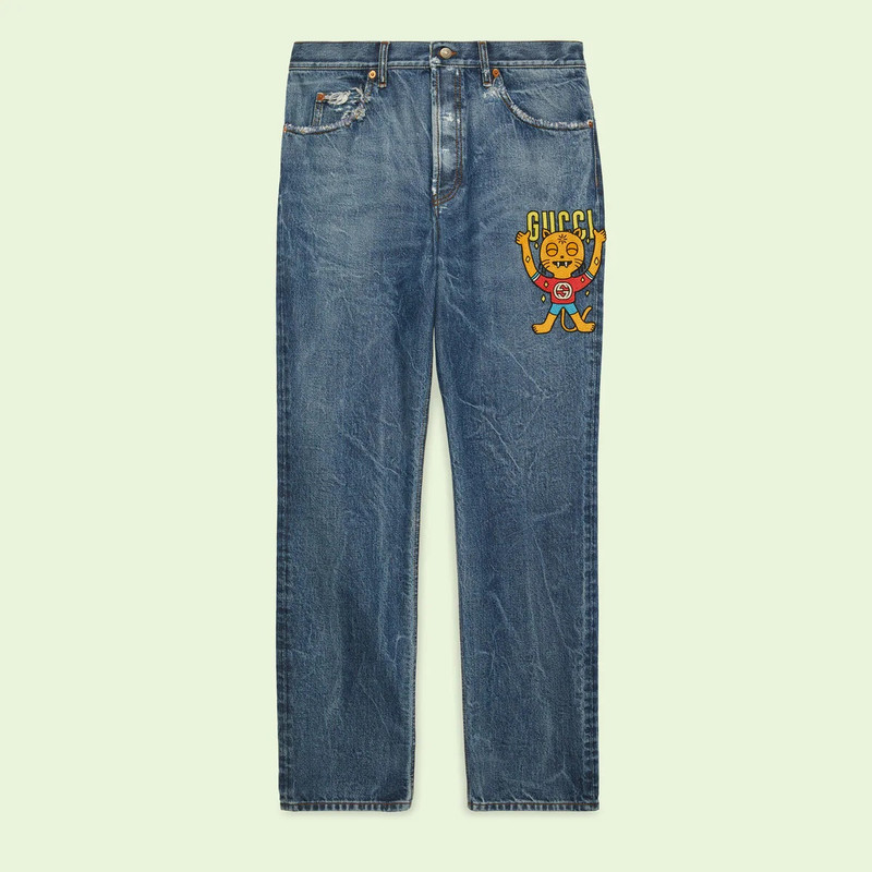 Denim pant with Gucci cat patch 1