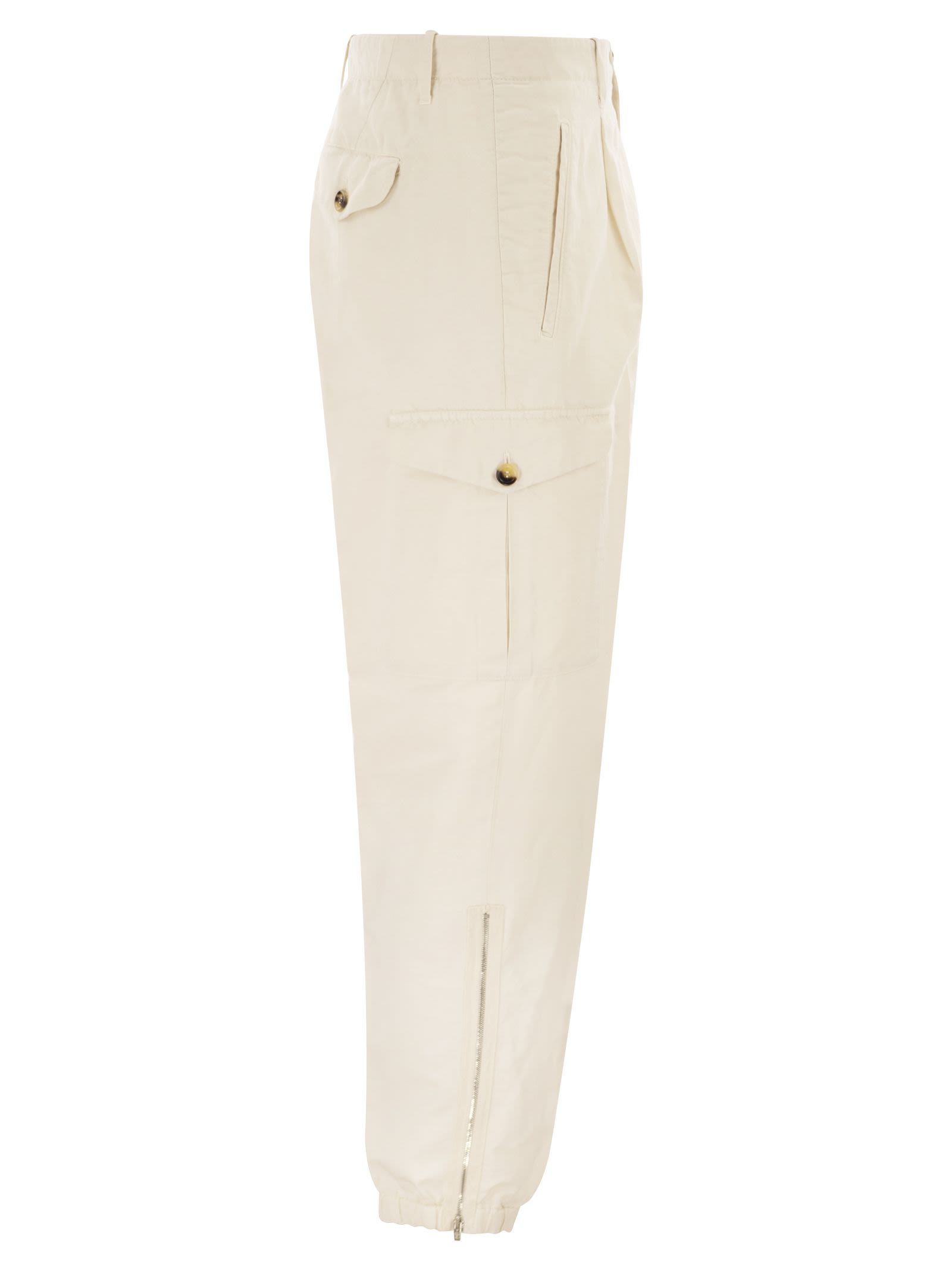 Brunello Cucinelli Men Linen And Cotton Trousers With Cargo Pockets And Zip At The Bottom - 3