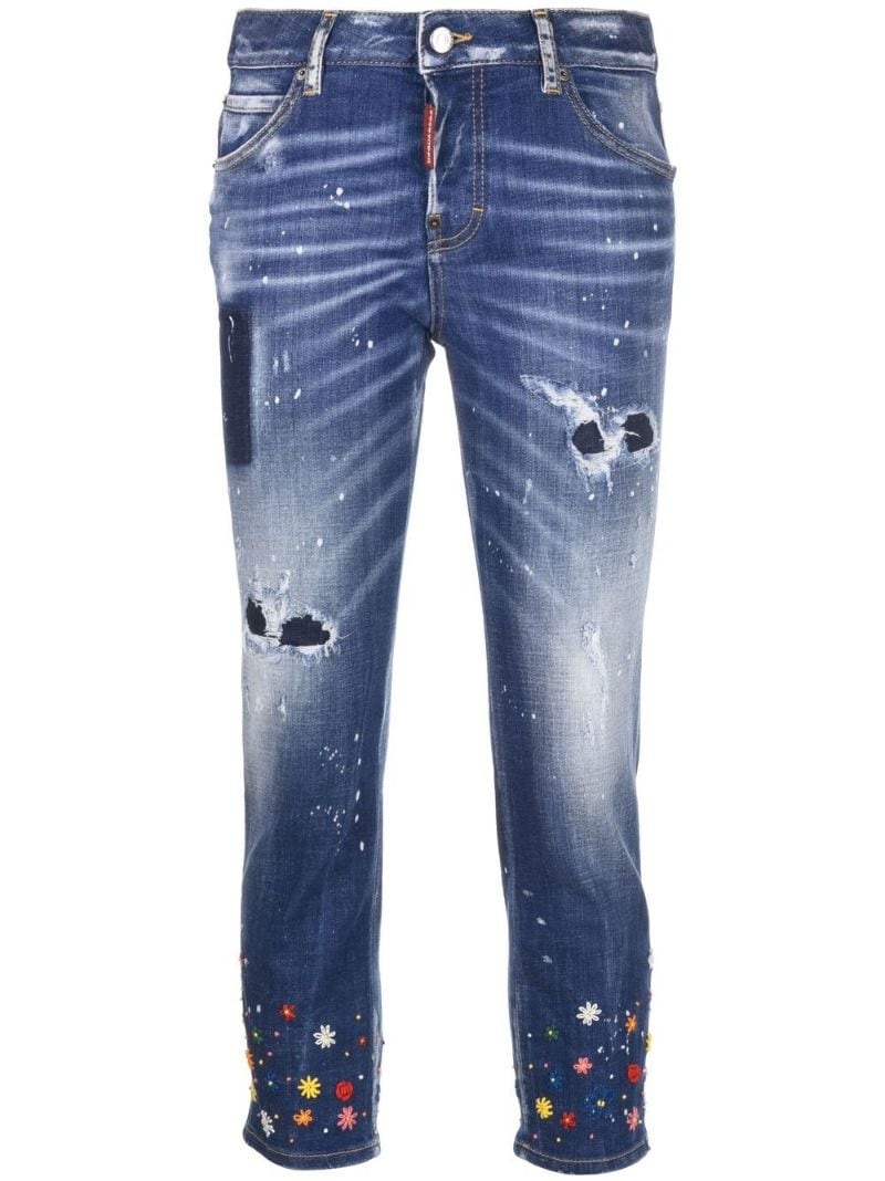 floral-embroidered skinny jeans - 1