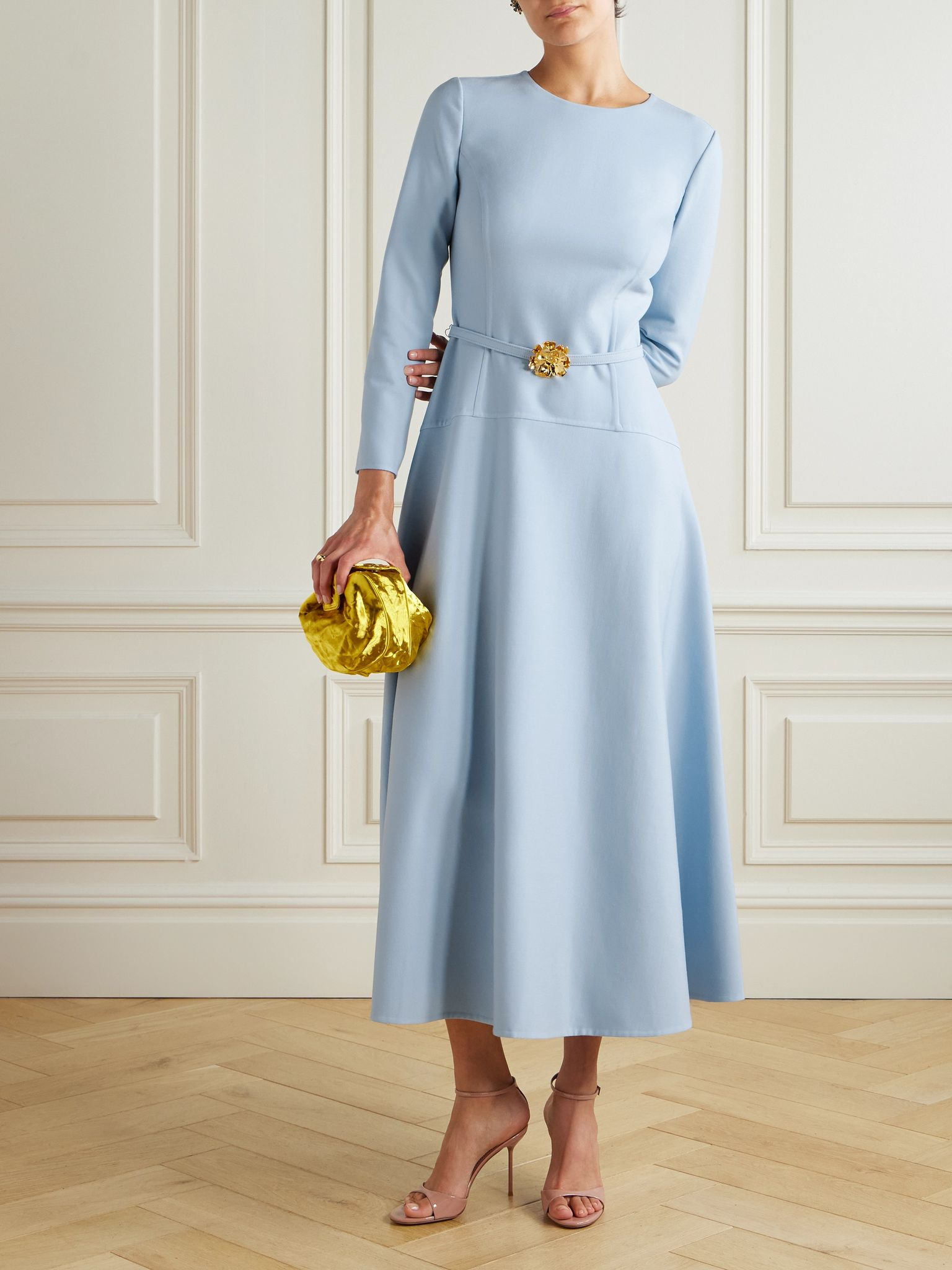 Embellished belted wool-blend midi dress Blue - 2