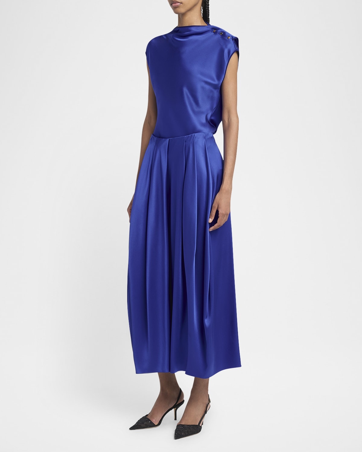 Double Silk Satin Pleated Midi Skirt - 1