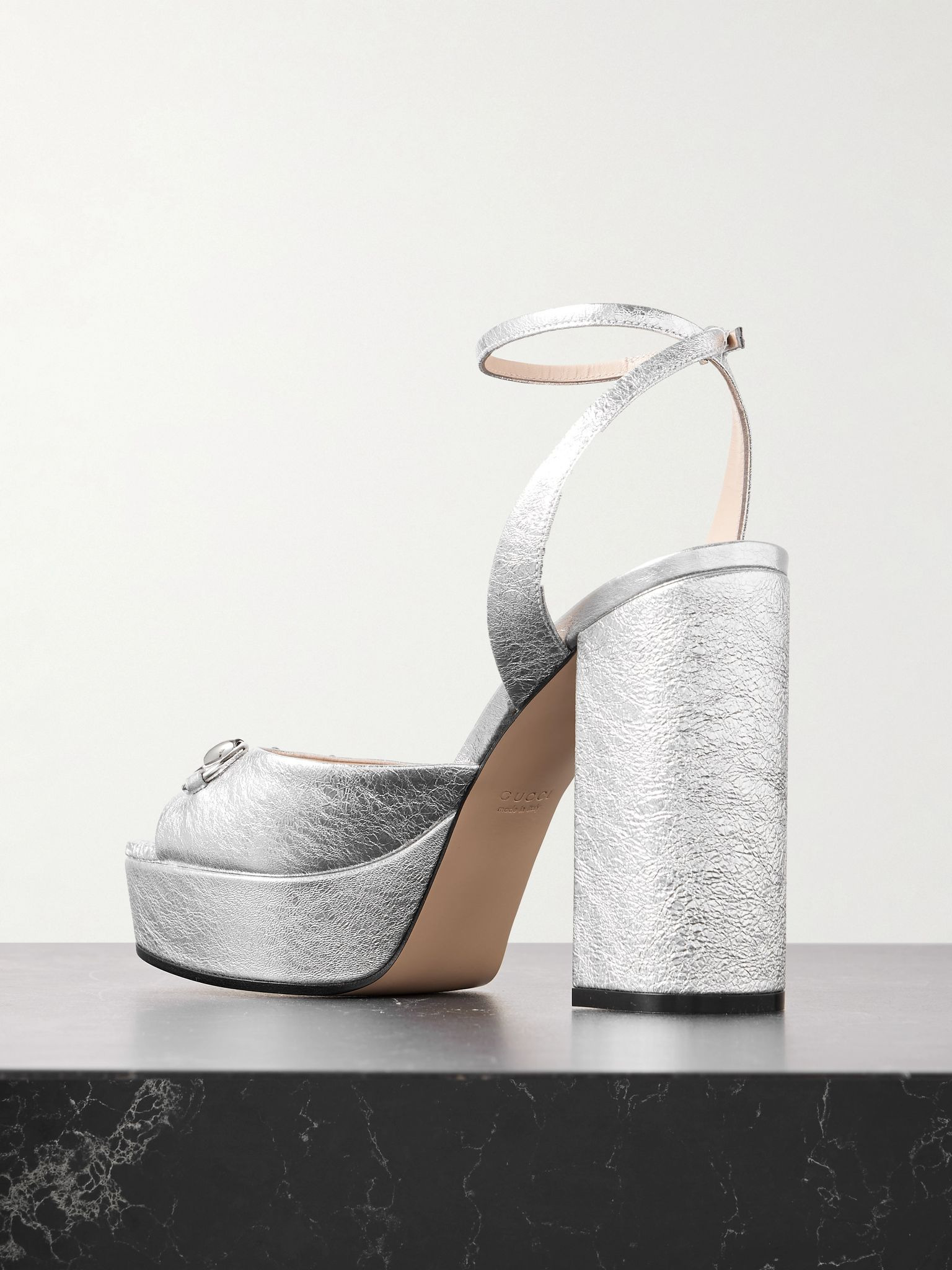 Lady horsebit-detailed metallic crinkled-leather platform sandals Silver - 3
