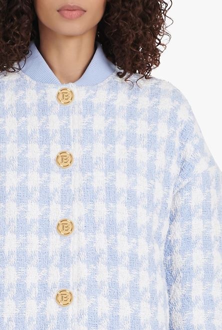 White and pale blue houndstooth-patterned tweed bomber jacket - 6