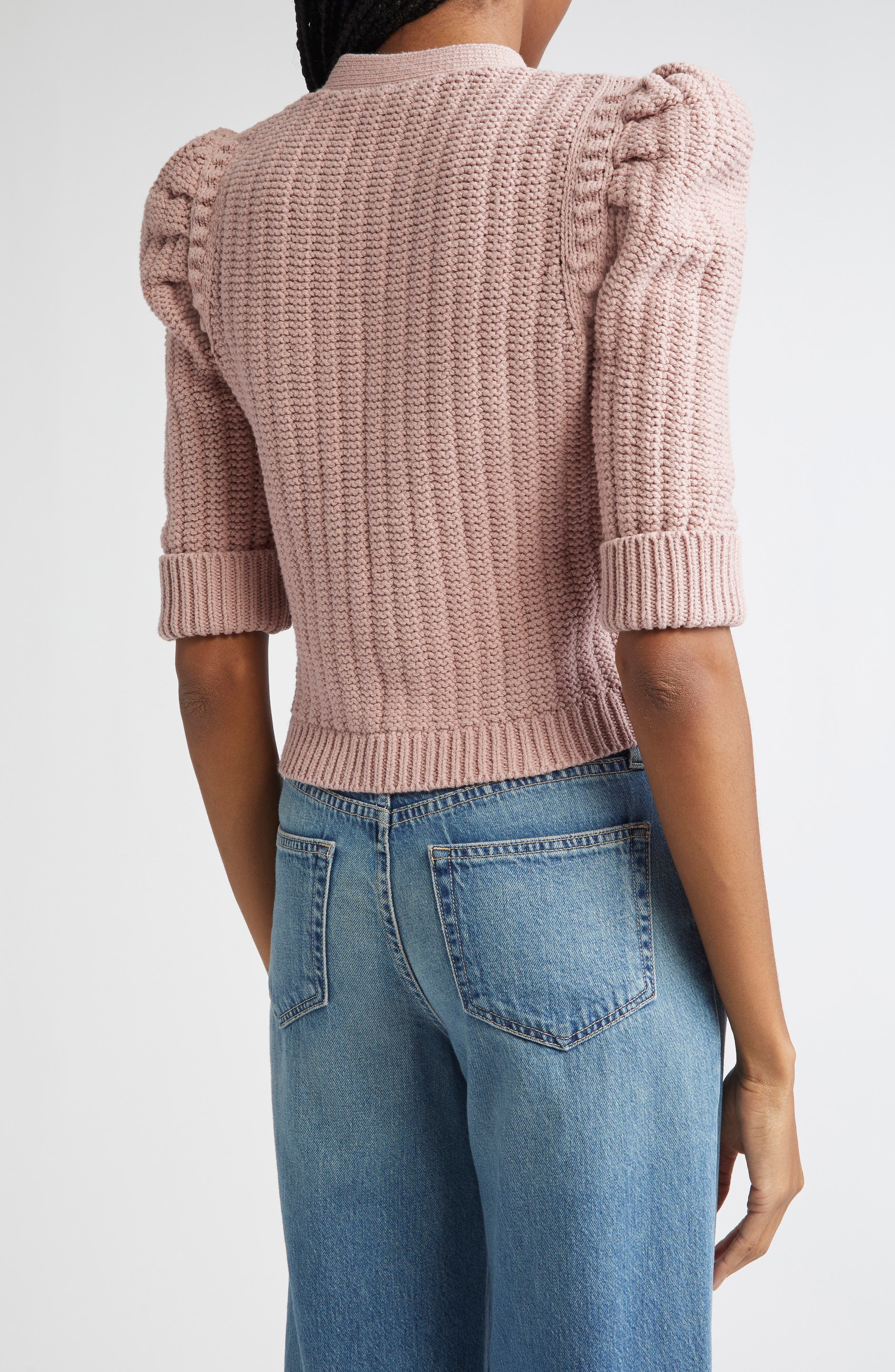 L'AGENCE Delilah Puff Sleeve Crop Cardigan in Light Mauve/Gold at Nordstrom - 2