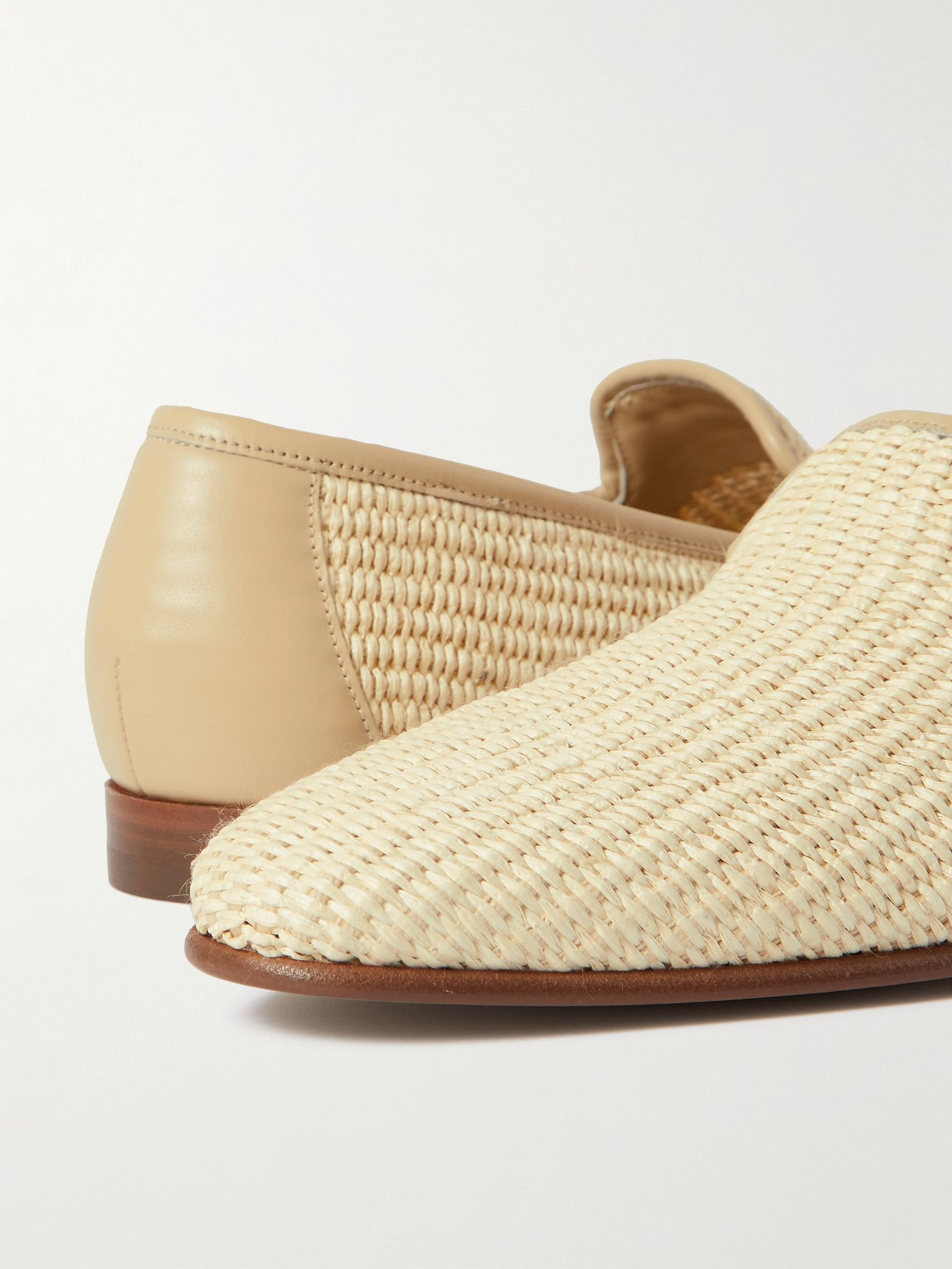 Mario Leather-Trimmed Raffia Loafers Beige - 5