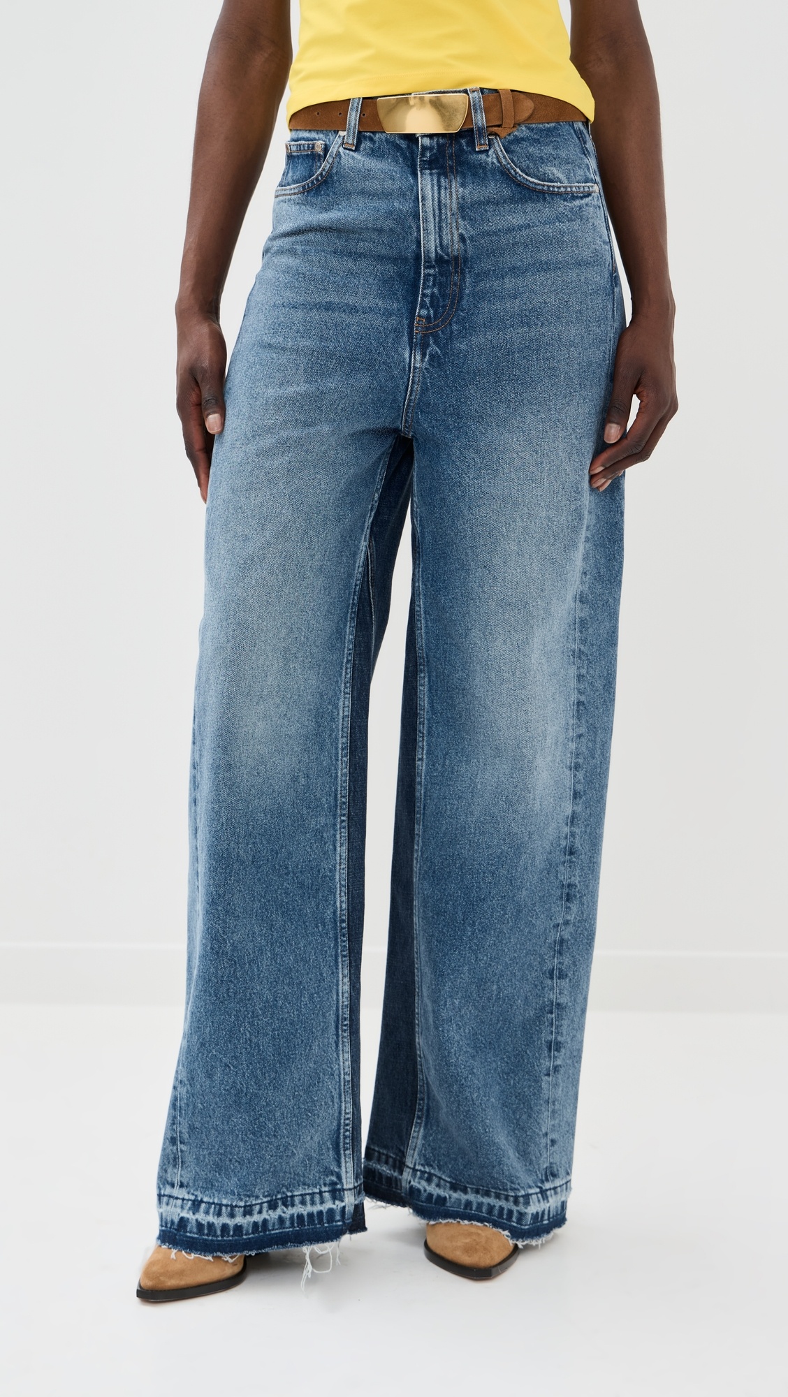 Two Tonal Fabric Paneled Wide Leg Jeans - 1