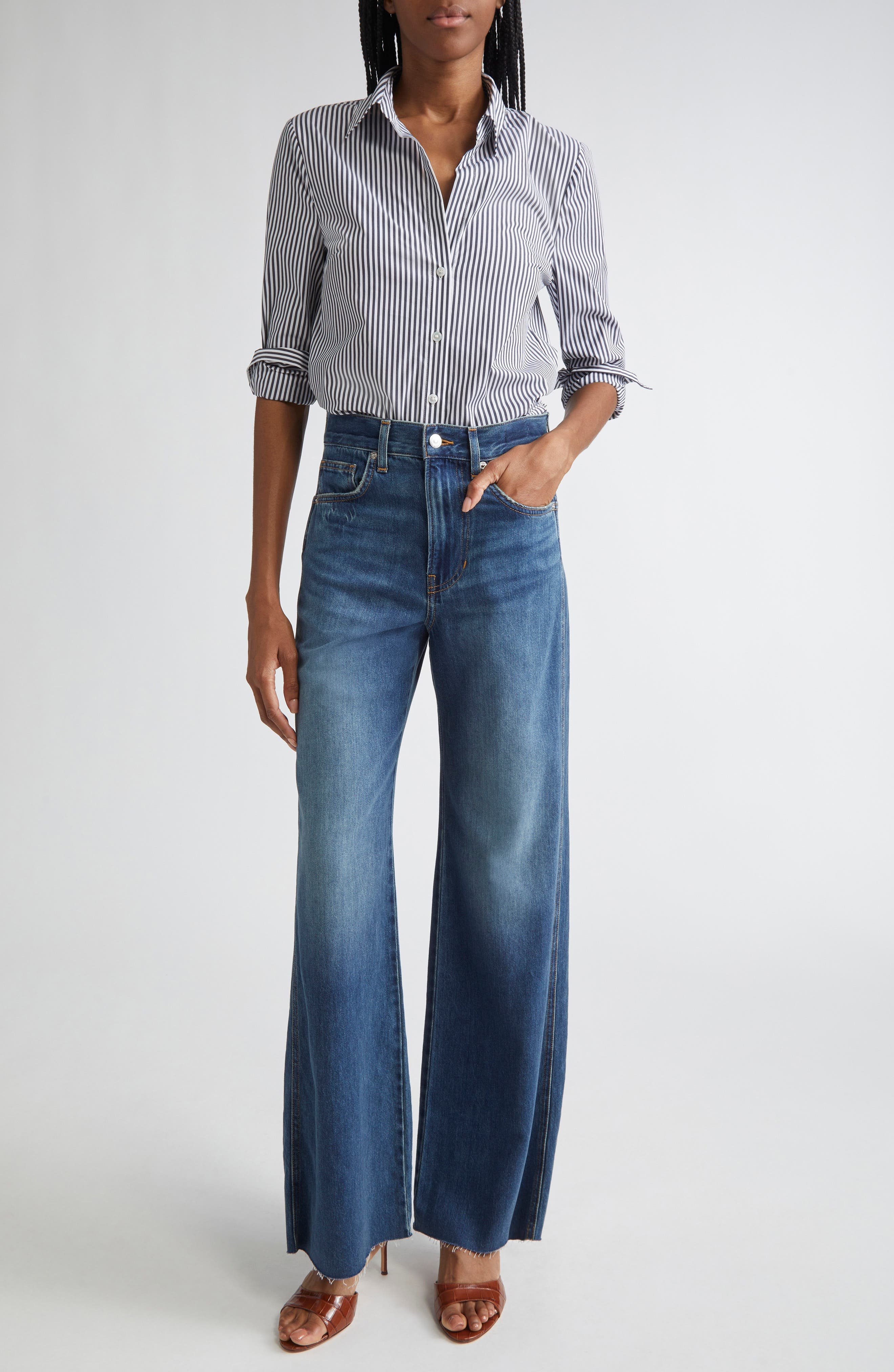 Veronica Beard Amelia Stripe Cotton Blend Button-Up Shirt in Navy White at Nordstrom - 2