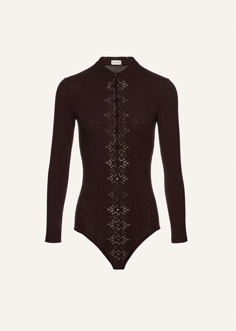 Long-sleeve tricot polo bodysuit in brown 1