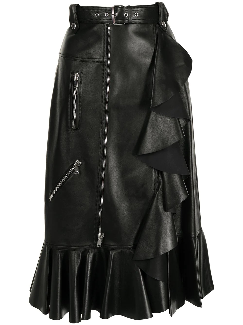 ruffle mid-length leather skirt - 1