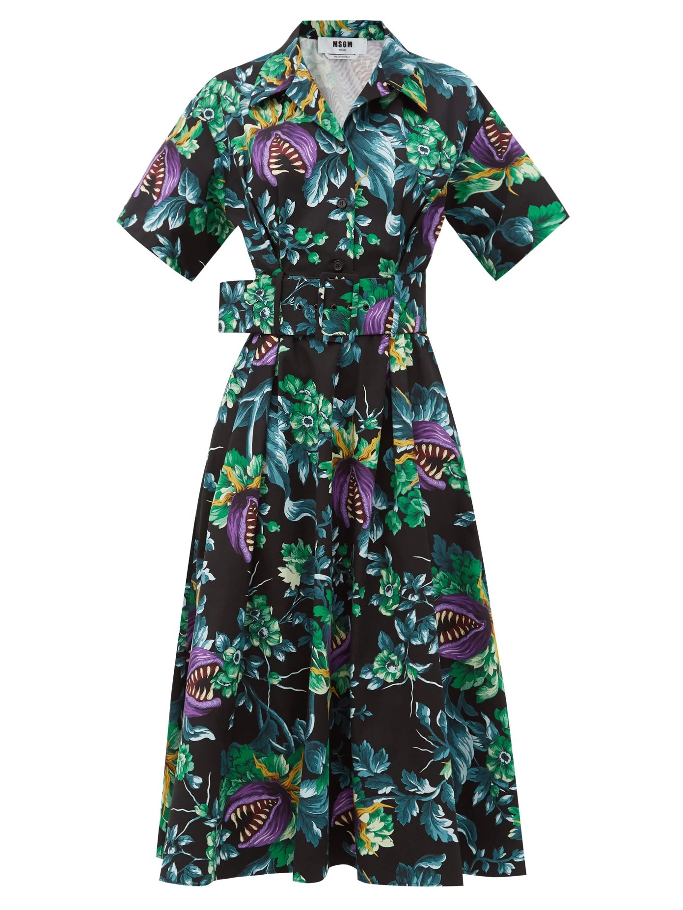 Carnivorous plant-print cotton shirt dress - 1