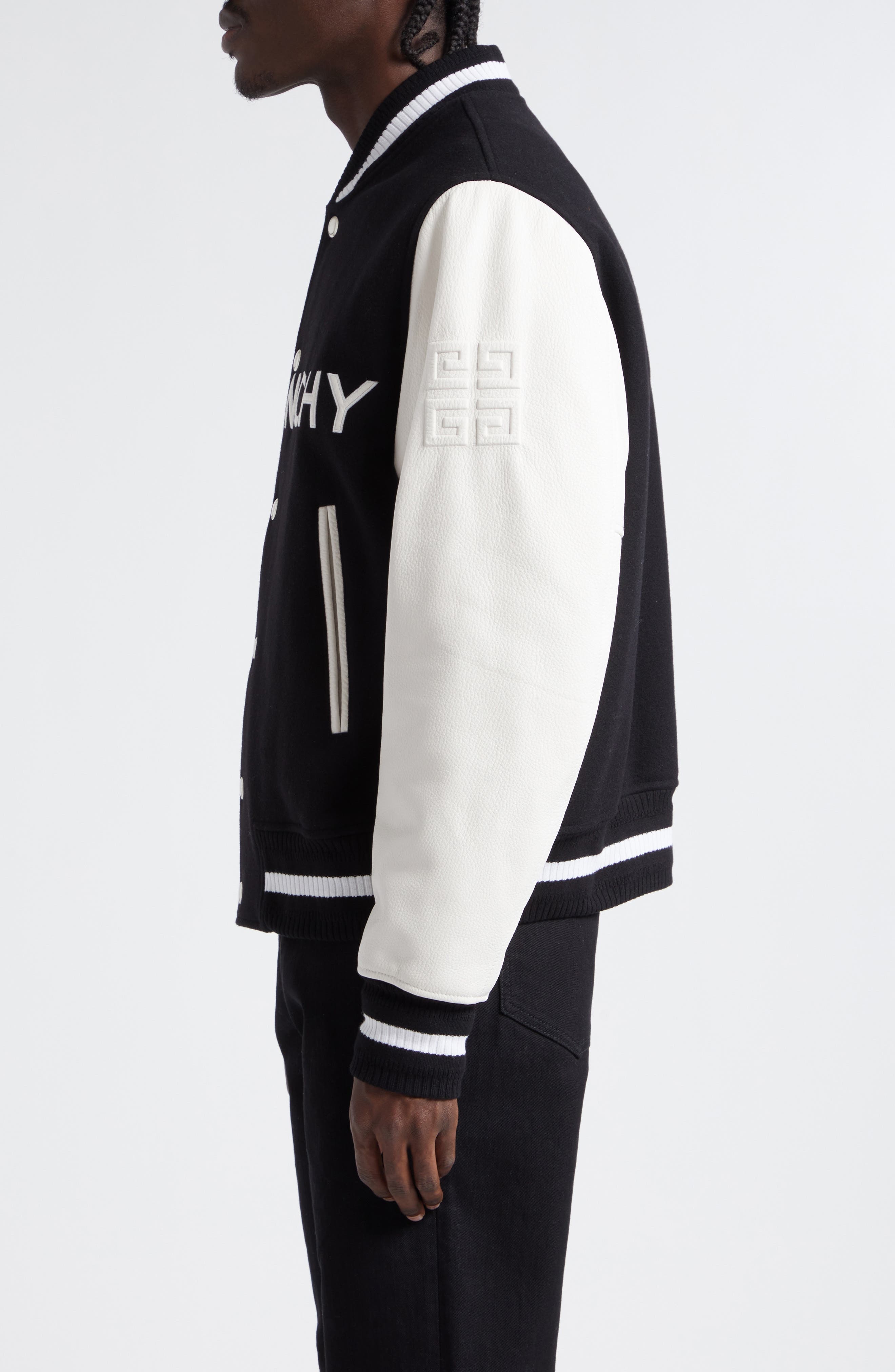 Givenchy Embroidered Logo Mixed Media Leather & Wool Blend Varsity Jacket in Black/White at Nordstro - 4