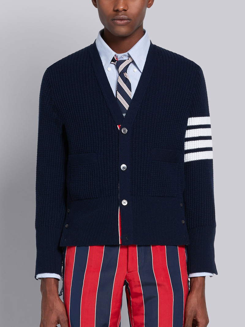 Navy Cashmere Waffle Stitch V-neck 4-Bar Cardigan 1