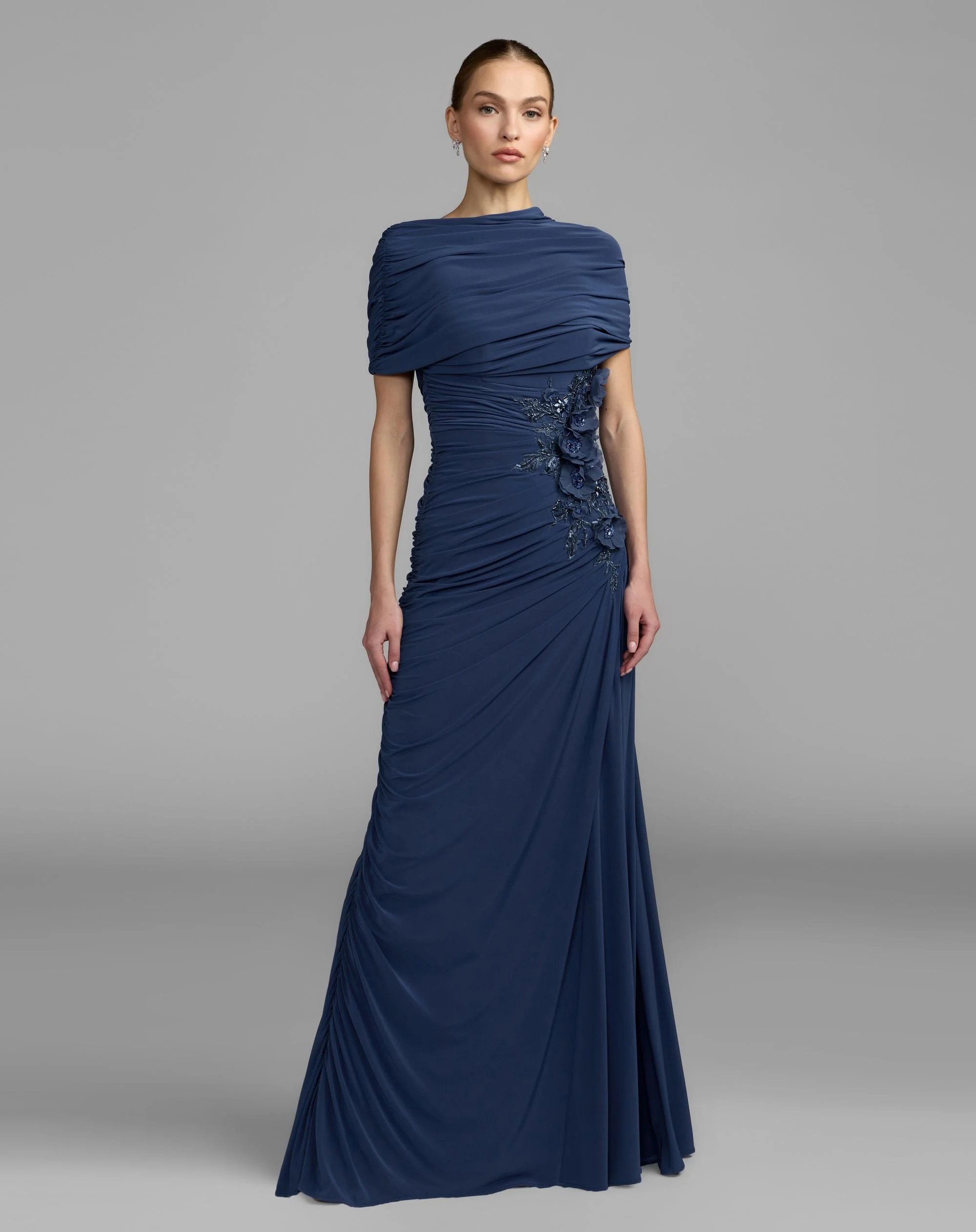 Navy Embellished Jersey Draped Column Gown - 1