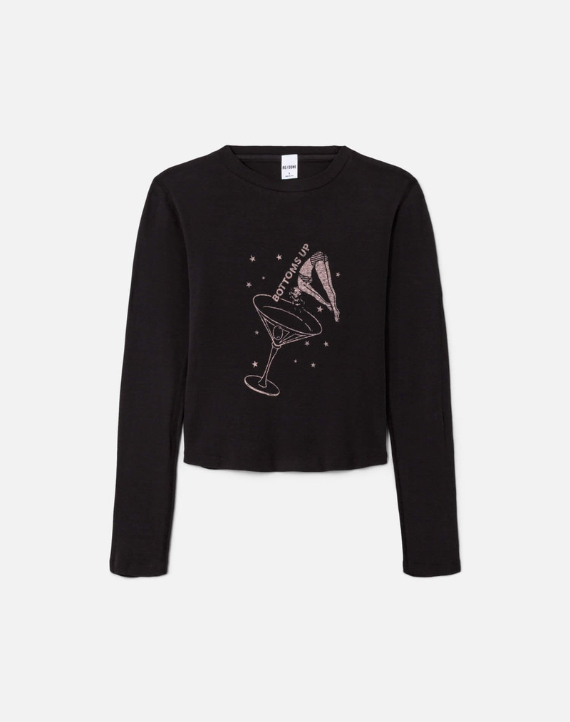 90s Baby Long Sleeve "Bottoms Up" - Washed Black 1