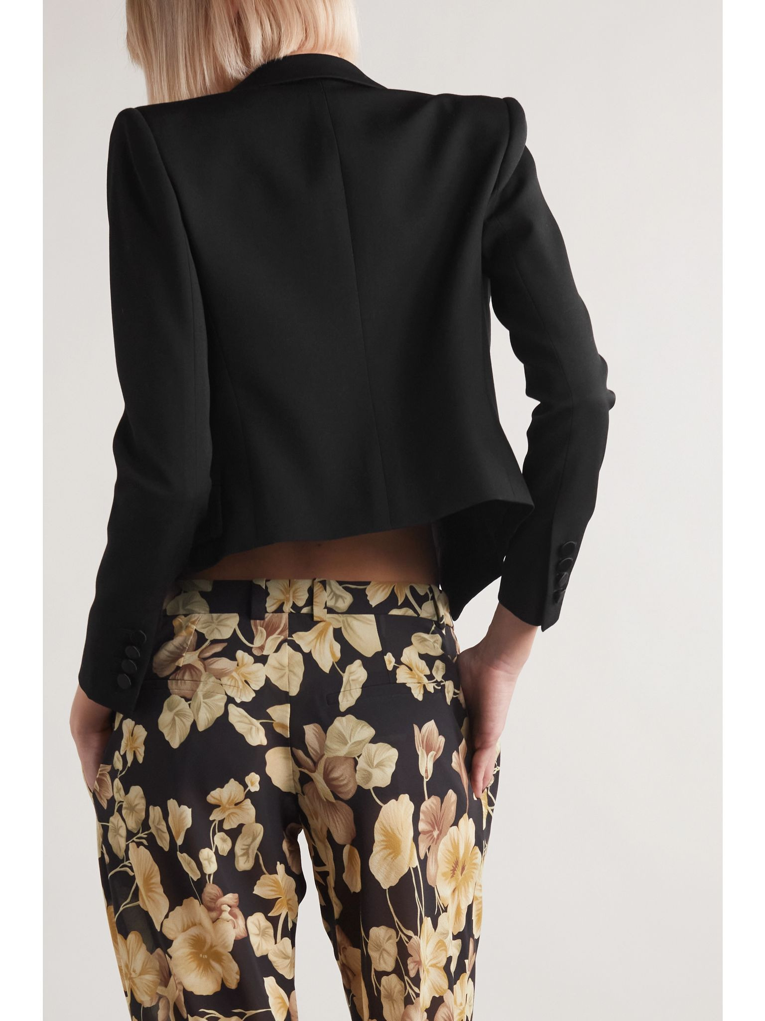 Cropped satin-trimmed grain de poudre wool jacket Black - 3