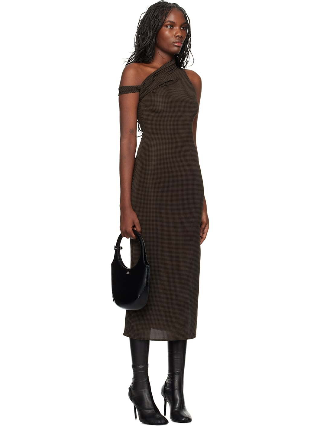Brown Houndstooth Twist Midi Dress - 2