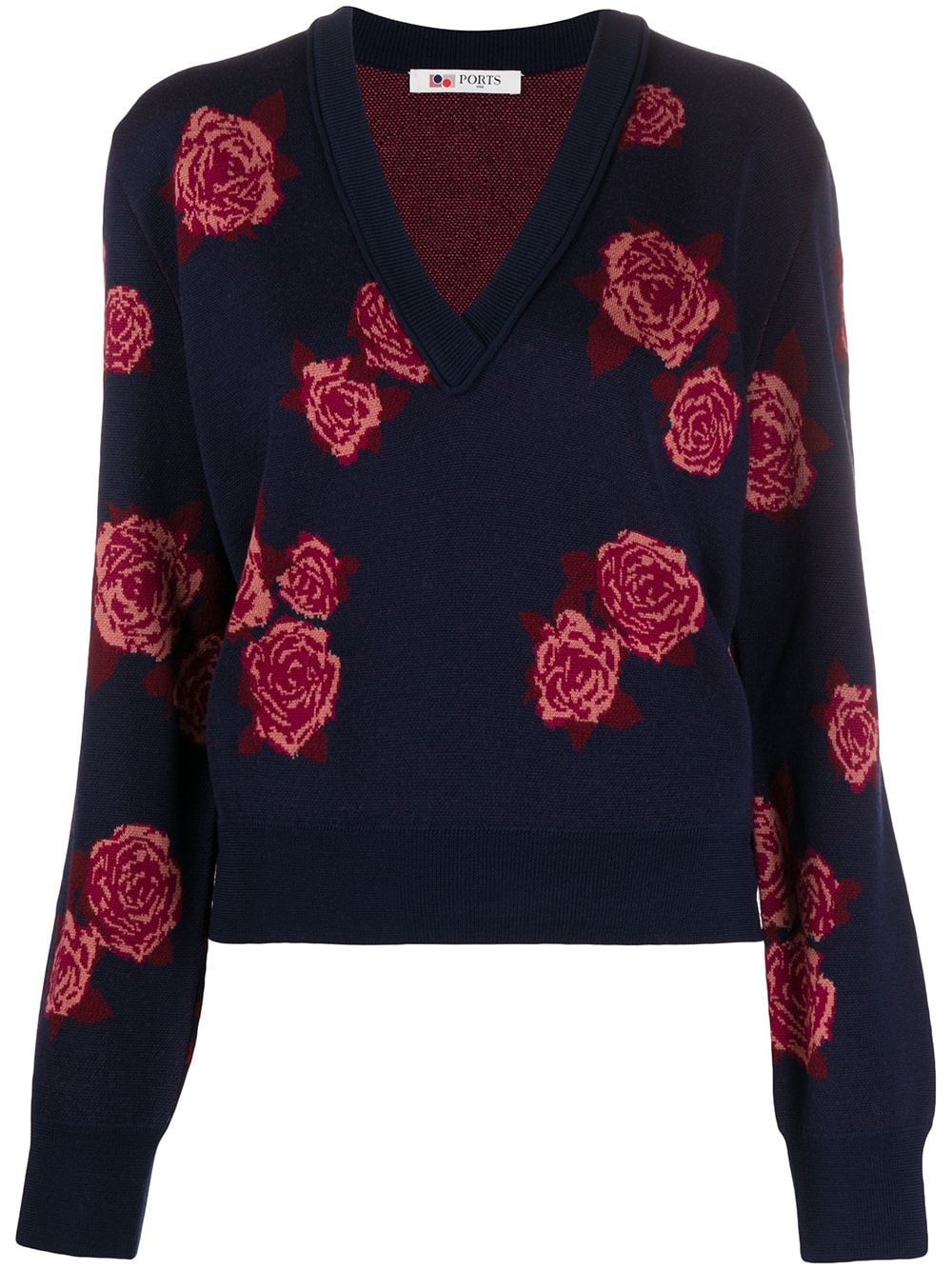 rose-jacquard v-neck sweater - 1