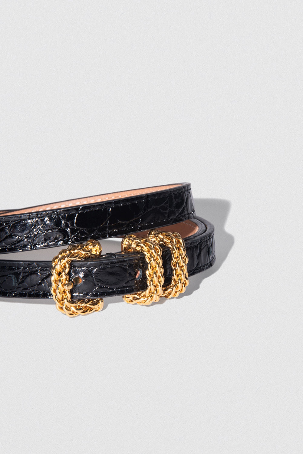 Kat Black Circular Croco Embossed Leather Belt - 2