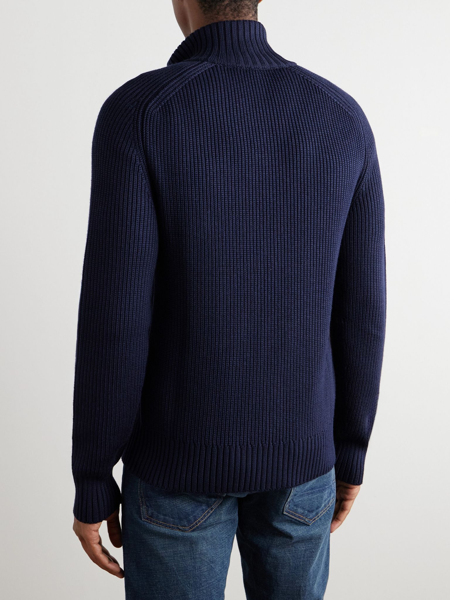 Slim-Fit Ribbed Silk and Merino Wool-Blend Cardigan Blue - 3